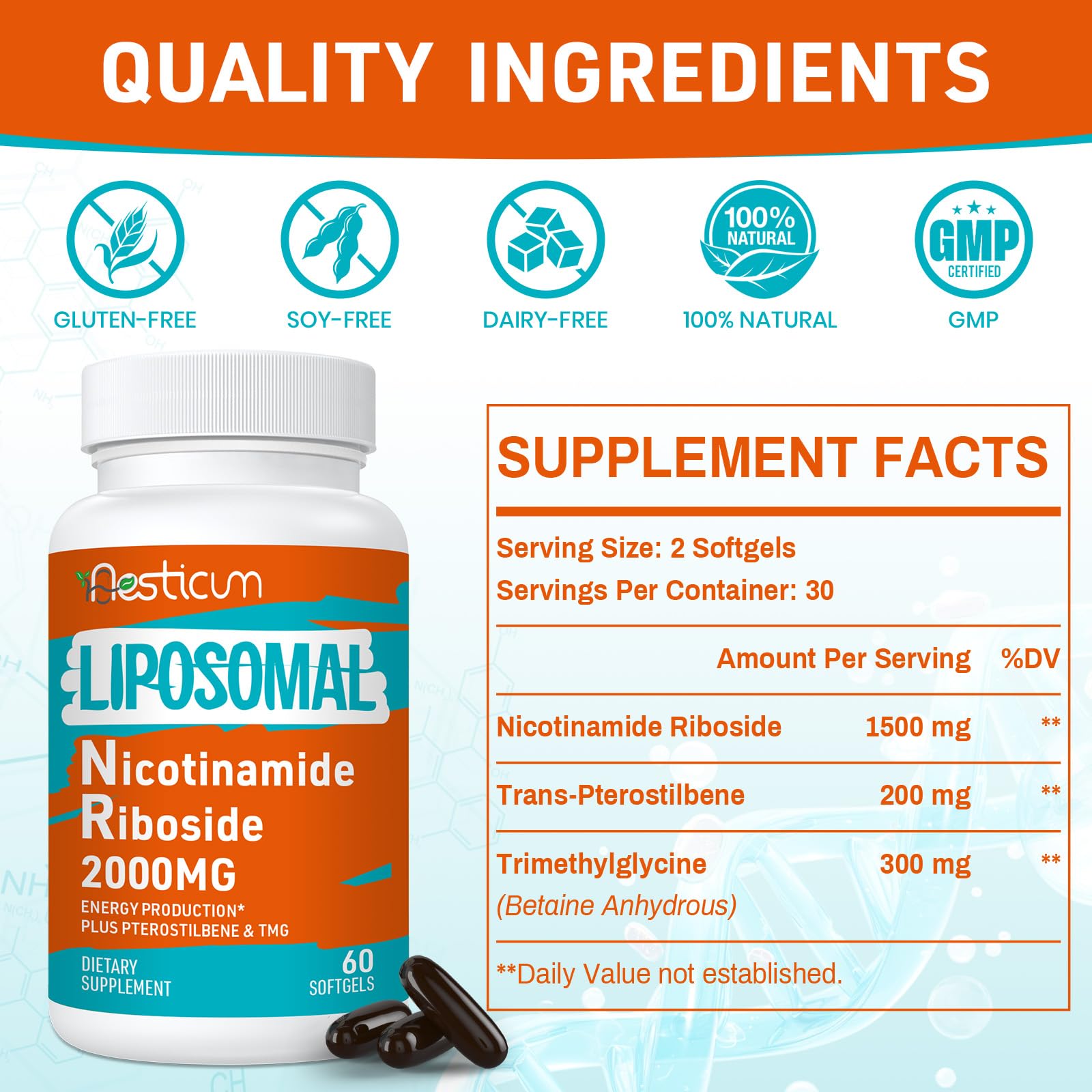 Aesticum 2000 MG Nicotinamide Riboside, NMNH Supplement Alternative, Liposomal Nicotinamide Riboside Supplement with TMG & Pterostilbene - NAD*, Energy, Focus, Immunity, Age Resist - 120 Softgels Aesticum uk supplements