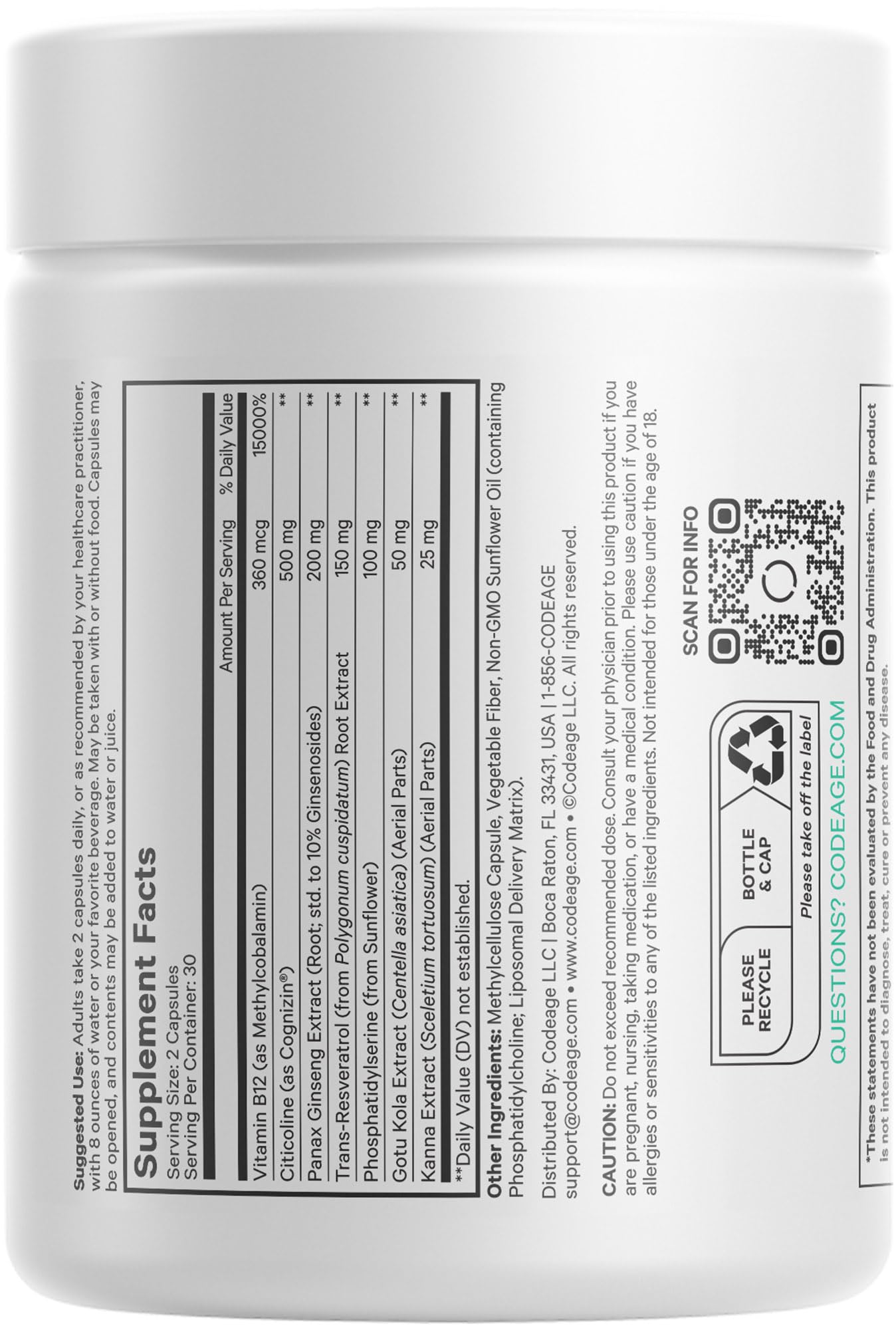 Codeage Brain Focus Vitamins+ Nootropic Supplement with Citicoline as Cognizin, Panax Ginseng, Resveratrol, Gotu Kola, Vitamin B12 Methylcobalamin - Liposomal Delivery - Non-GMO - 60 Capsules Codeage uk supplements