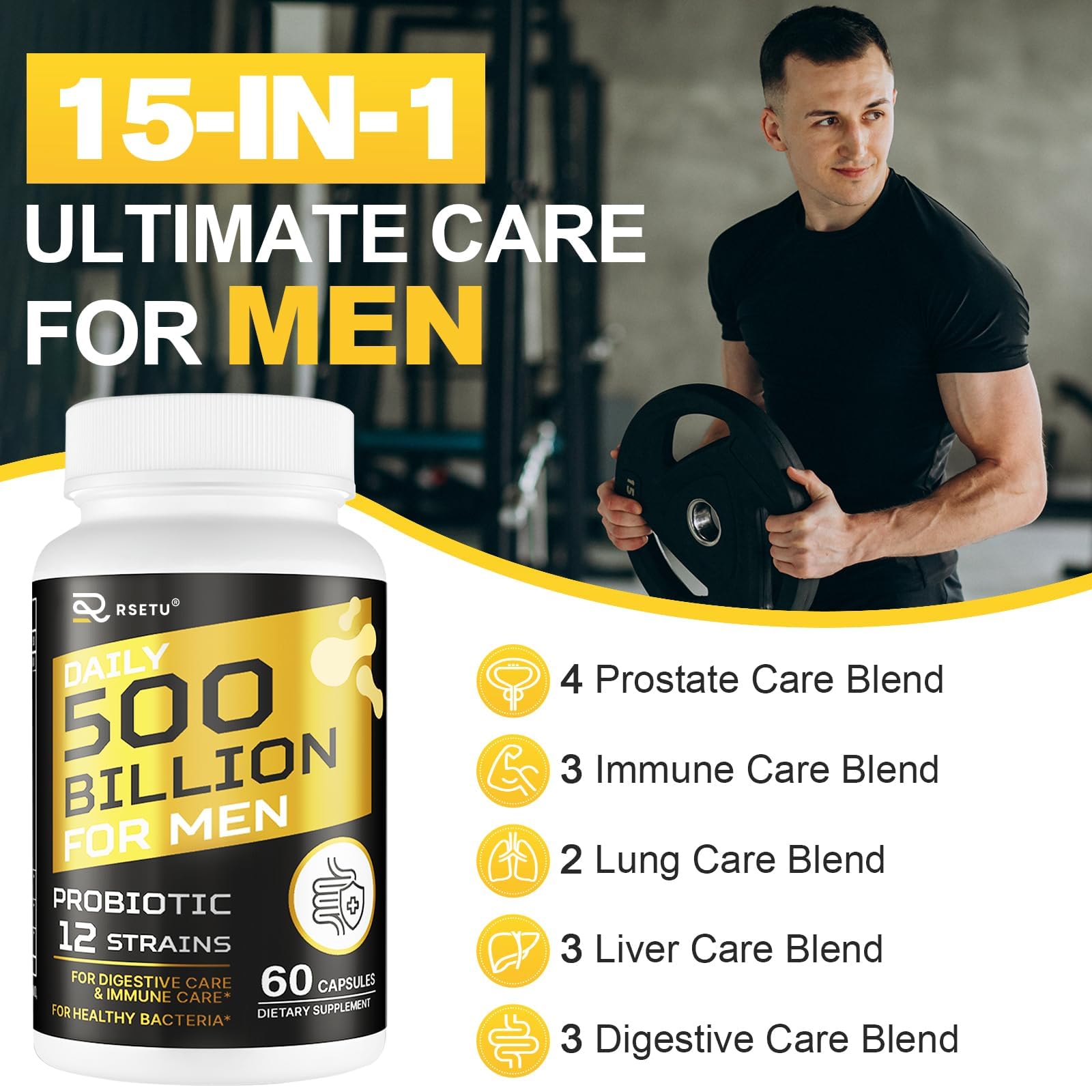 Probiotics for Men, 500 Billion CFUs & 12 Strains Mens Probiotic with Turmeric Cranberry, Goji, Gut Health for Men, for Digestive Health, Gut, Bloating & Gas, Immune, Energy Support, 120-Day Supply RSETU uk supplements