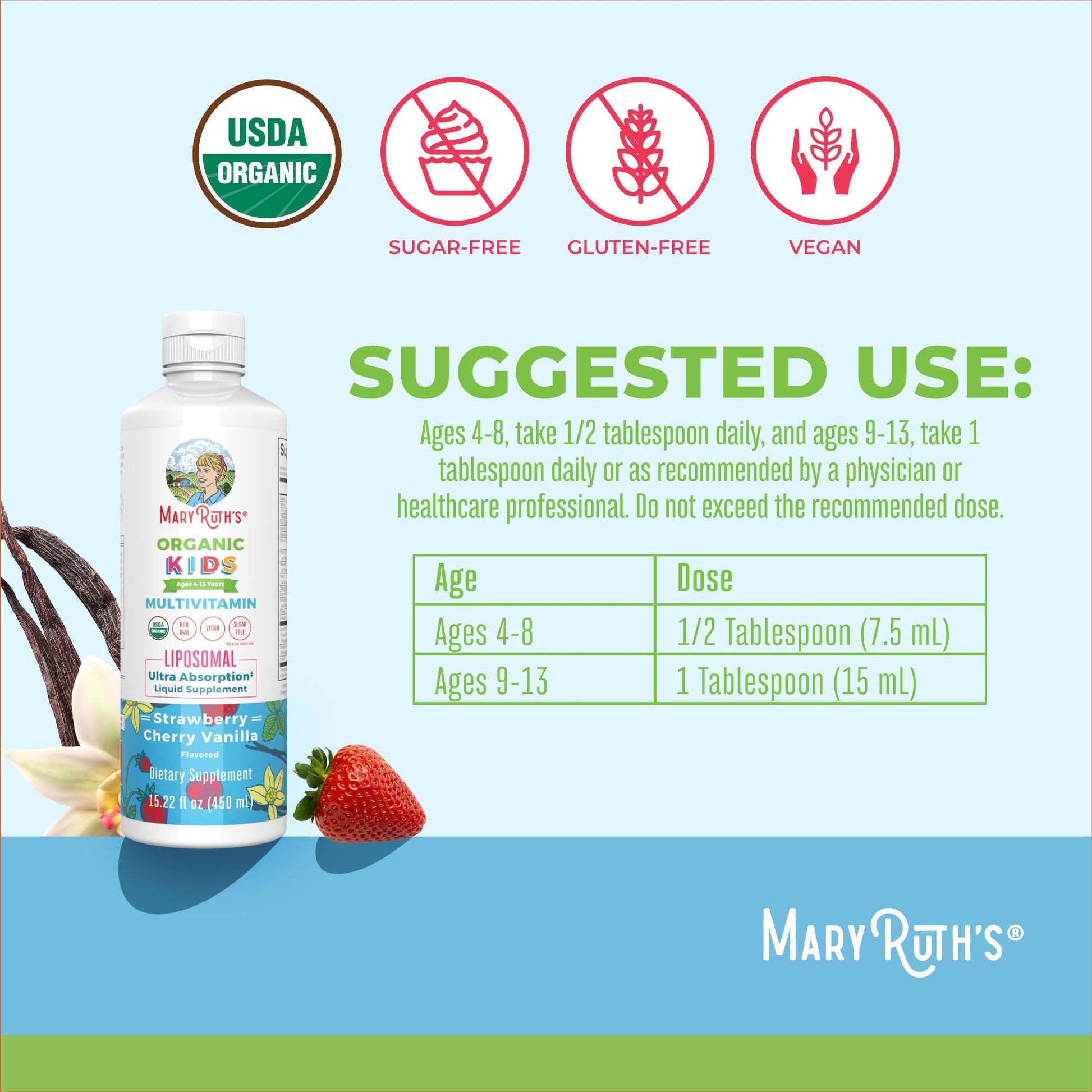 MaryRuth Organics Kids Multivitamin Liposomal | Vegan, Sugar-Free Vitamins for Kids | Ages 4+ | 2 Month Supply | 15.22 Fl Oz MaryRuth Organics uk supplements