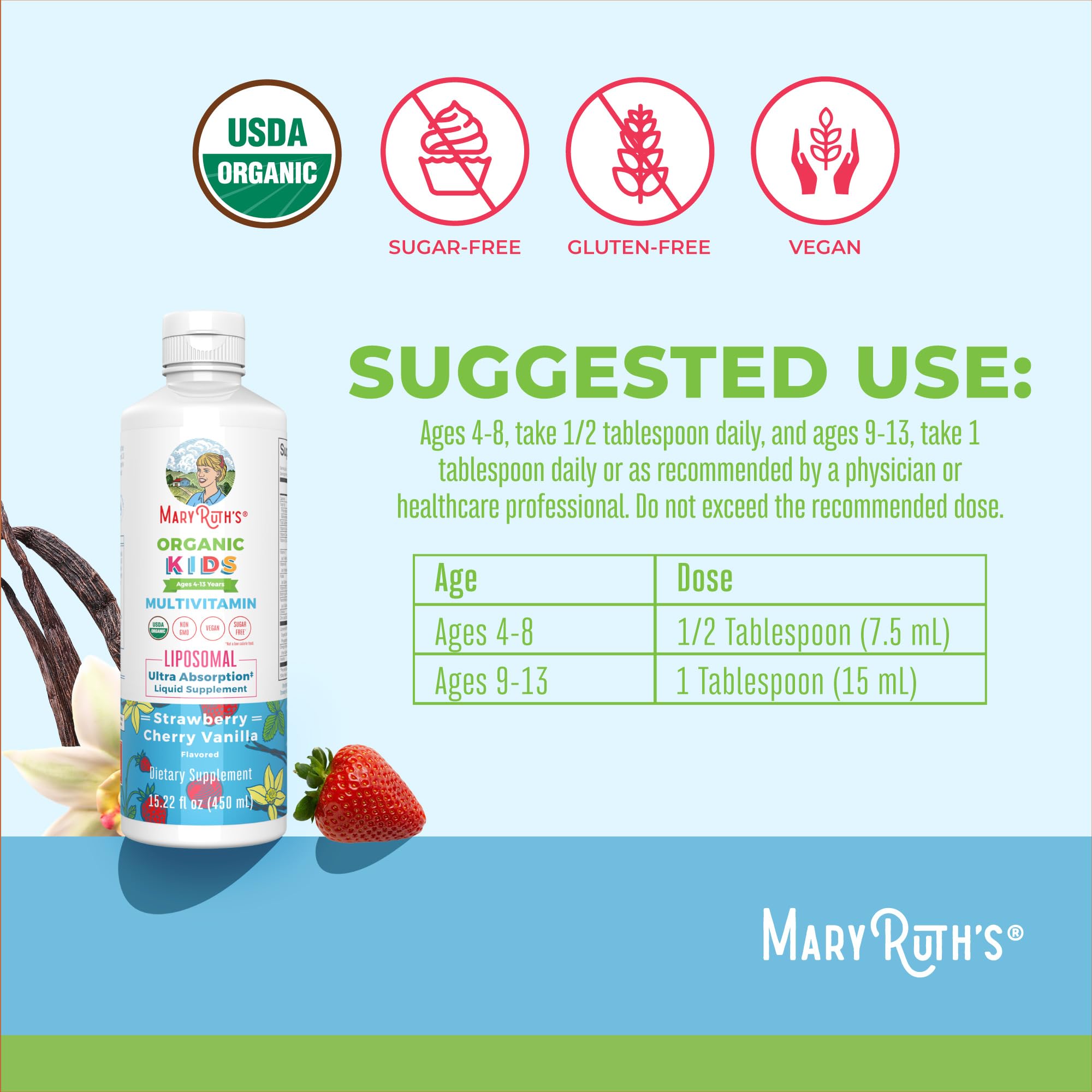 MaryRuth Organics Kids Multivitamin Liposomal | Vegan, Sugar-Free Vitamins for Kids | Ages 4+ | 2 Month Supply | 15.22 Fl Oz MaryRuth Organics uk supplements