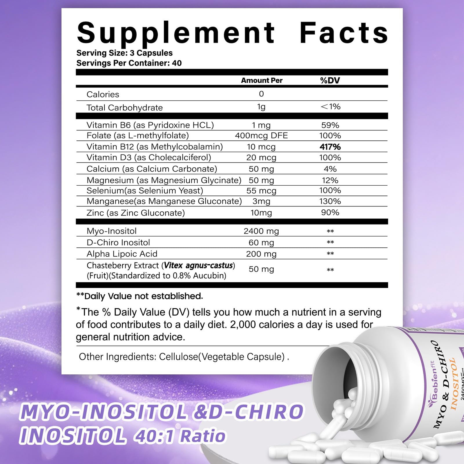 13-in-1 Myo Inositol & D-Chiro Inositol for Women PCOS,Hormonal Balance,2460mg-40:1 Ratio,Ovarian Health&Cycle Support Supplement Plus Alpha Lipoic Acid/Folate/Vitex/Magnesium/Multivitamin,120 Veg Cap Bebien fit uk supplements