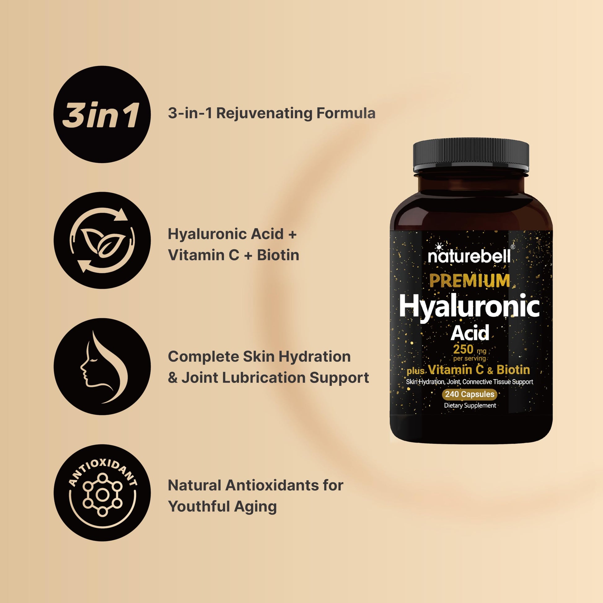 NatureBell Hyaluronic Acid Supplements 250mg | 240 Capsules, with Biotin 5000mcg NatureBell uk supplements