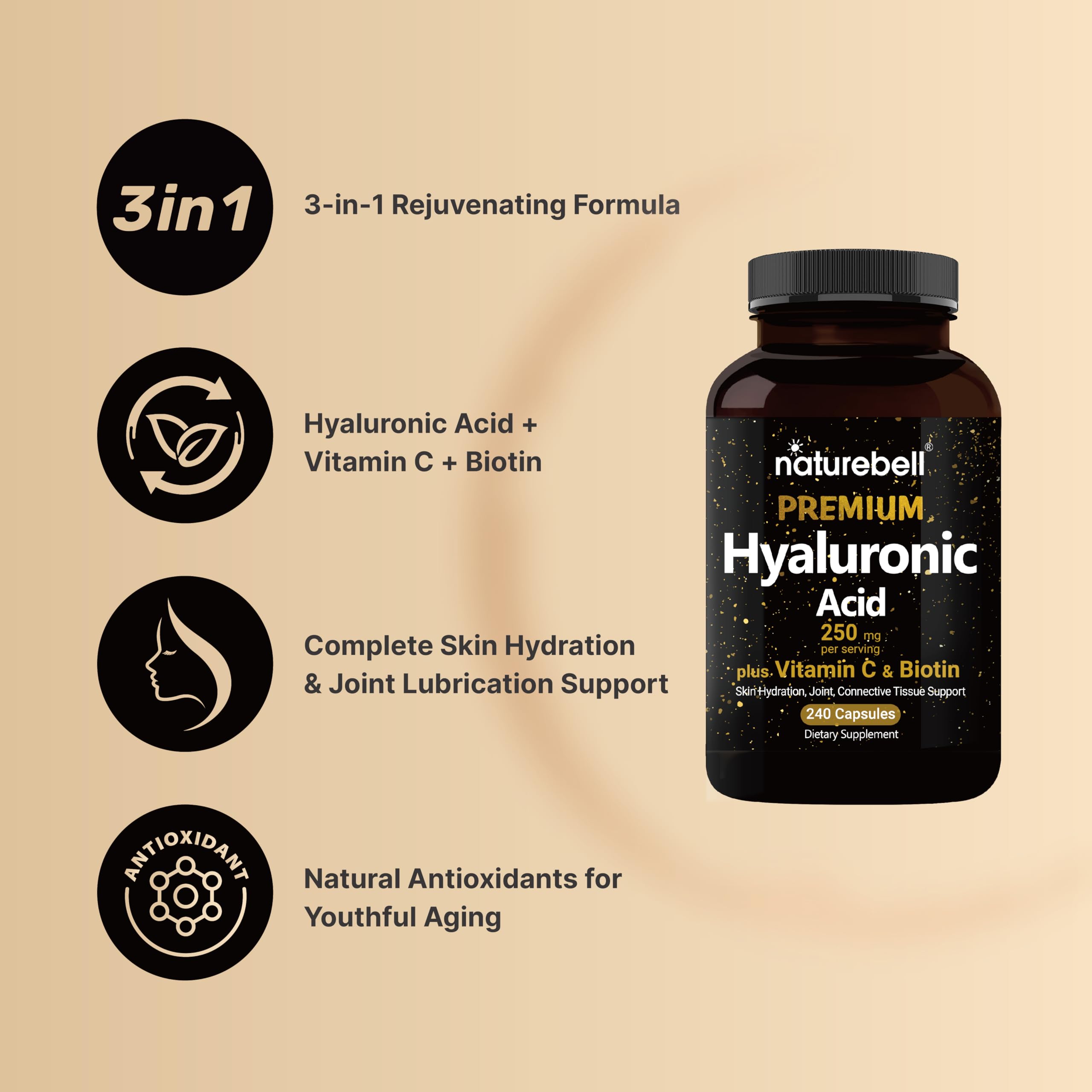 NatureBell Hyaluronic Acid Supplements 250mg | 240 Capsules, with Biotin 5000mcg NatureBell uk supplements