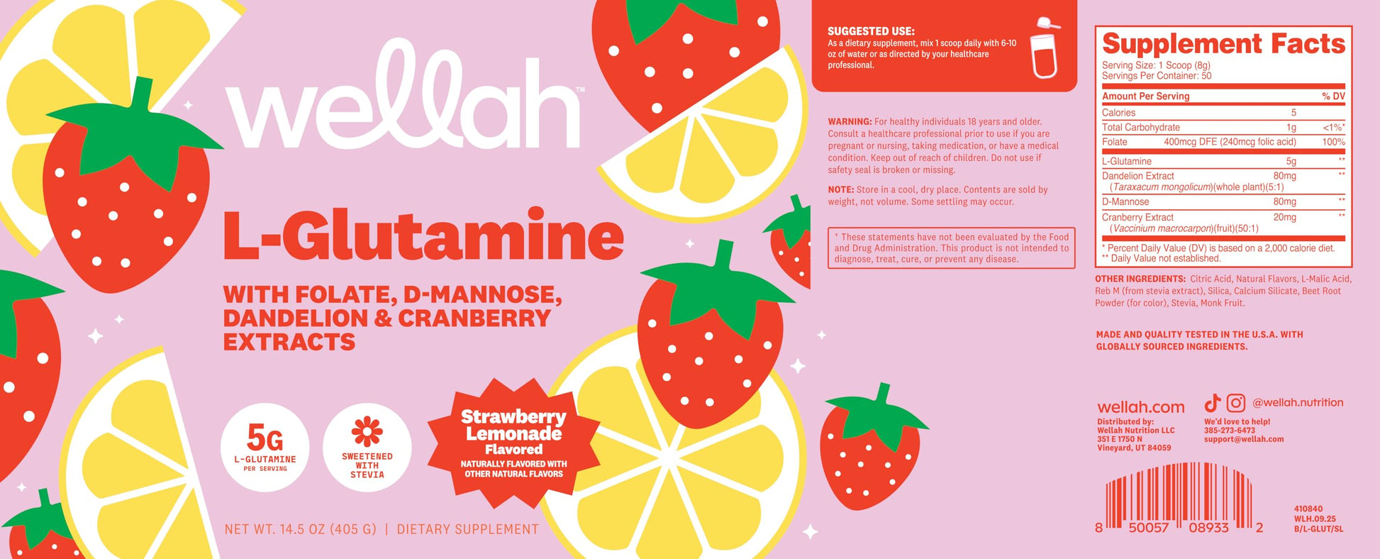 Wellah L-Glutamine Strawberry Lemonade Flavored (50 Servings) - 5g L-Glutamine Per Serving, Sweetened with Stevia Wellah uk supplements