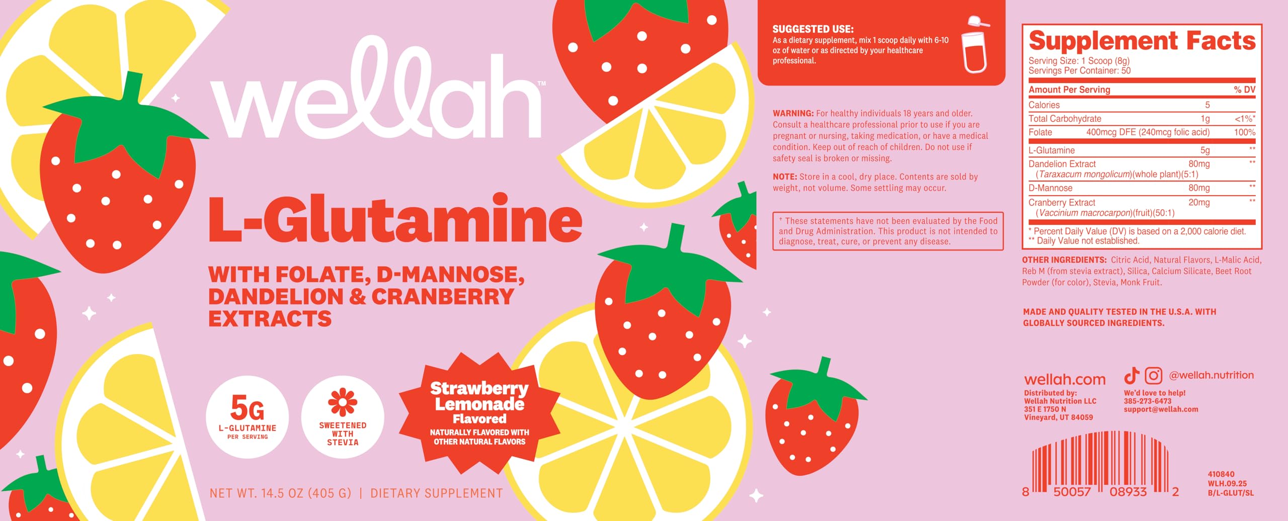 Wellah L-Glutamine Strawberry Lemonade Flavored (50 Servings) - 5g L-Glutamine Per Serving, Sweetened with Stevia Wellah uk supplements