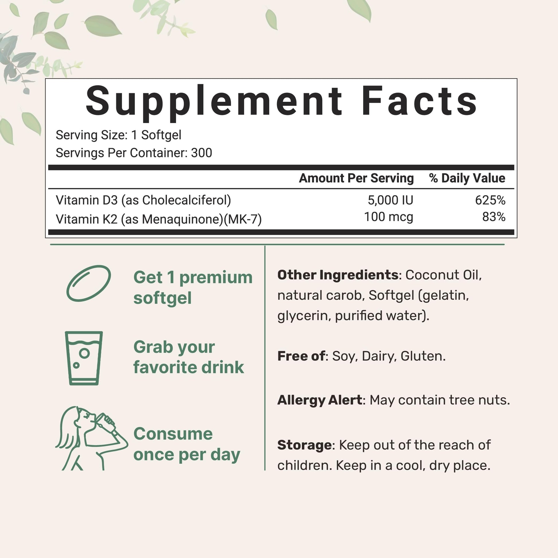 Micro Ingredients Vitamin D3 5000 IU Plus K2 (MK-7) 100 mcg, 300 Virgin Coconut Oil Softge Micro Ingredients uk supplements