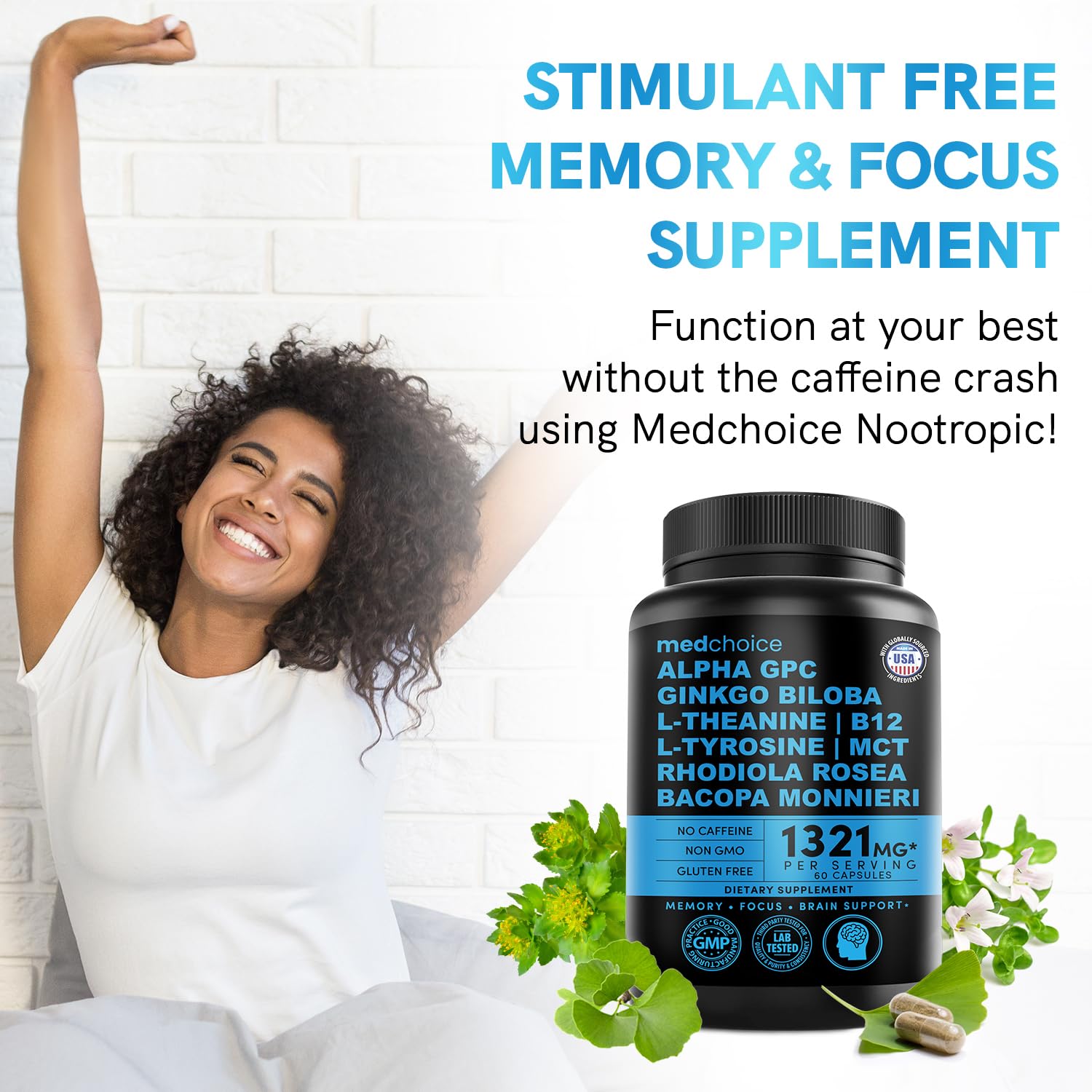 12-in-1 Nootropic Brain Supplement Anhydrous: Ginkgo Biloba for Brain Support, Memory and Focus - B12, Alpha GPC, L Theanine and Choline Supplements with Bioperine Non Caffeinated 1321mg (60ct) MEDCHOICE uk supplements