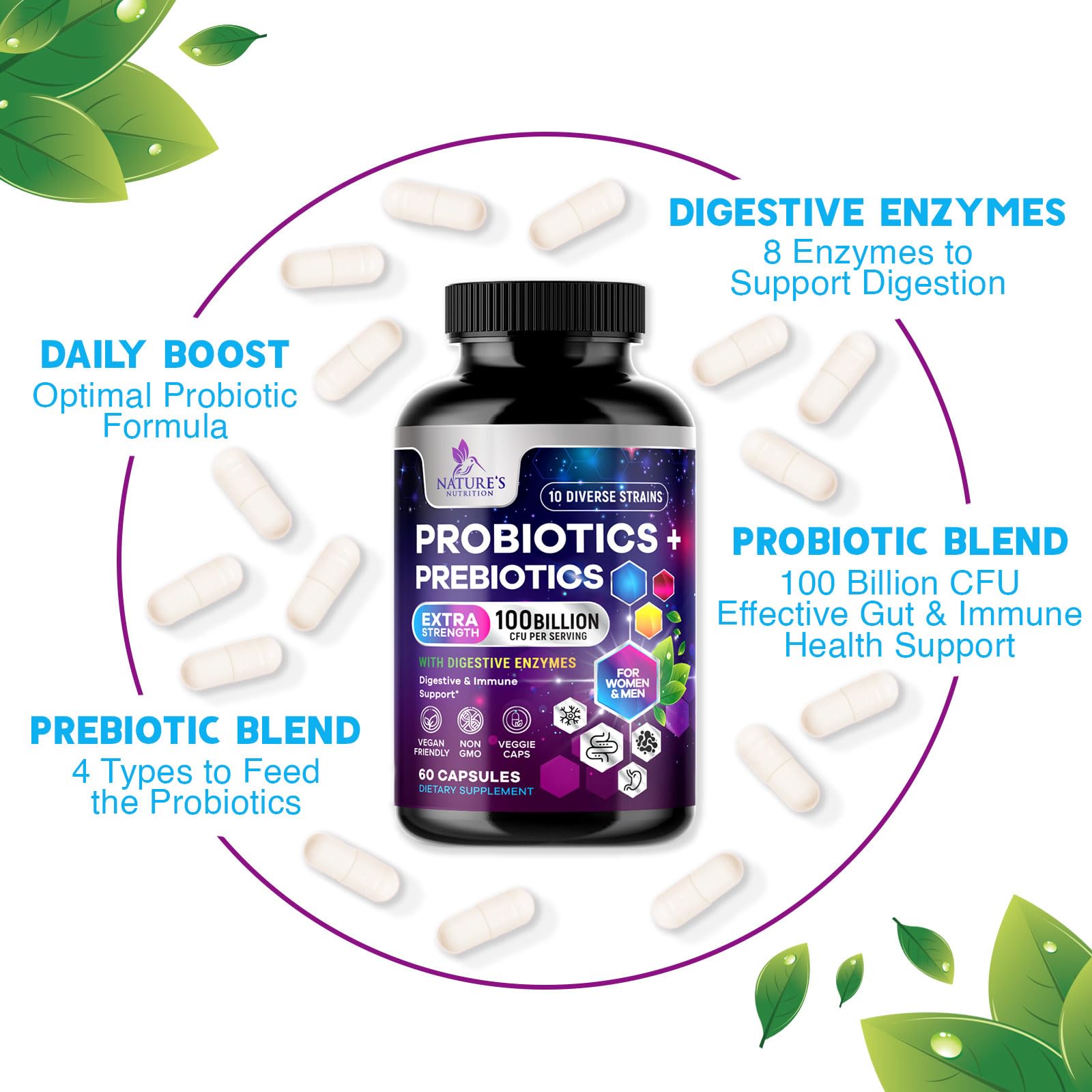 Probiotics 100 Billion CFU Per Serving - 10 Probiotic Strains & Prebiotics - Digestive Gut Health, Immune Support & Occasional Constipation, Gas & Bloating - Daily Supplement For Adults - 60 Capsules Nature's Nutrition uk supplements