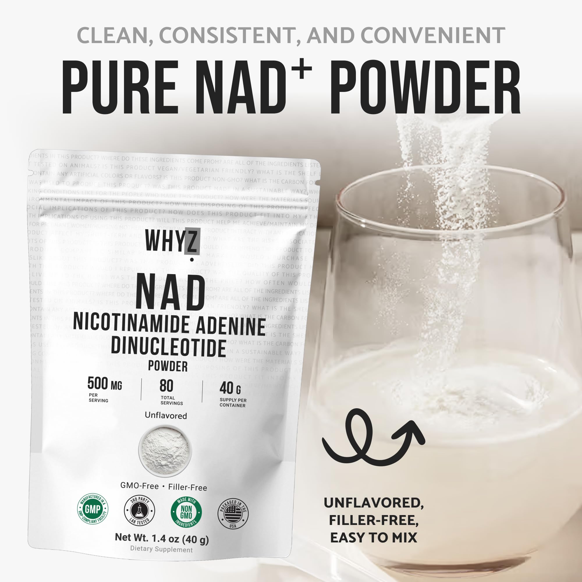 Pure NAD Powder Nicotinamide Adenine Dinucleotide Supplement Unflavored and Gluten-Free Premium Pure NAD Powder for Daily Wellness and Nutrition Support, 40g WHYZ uk supplements