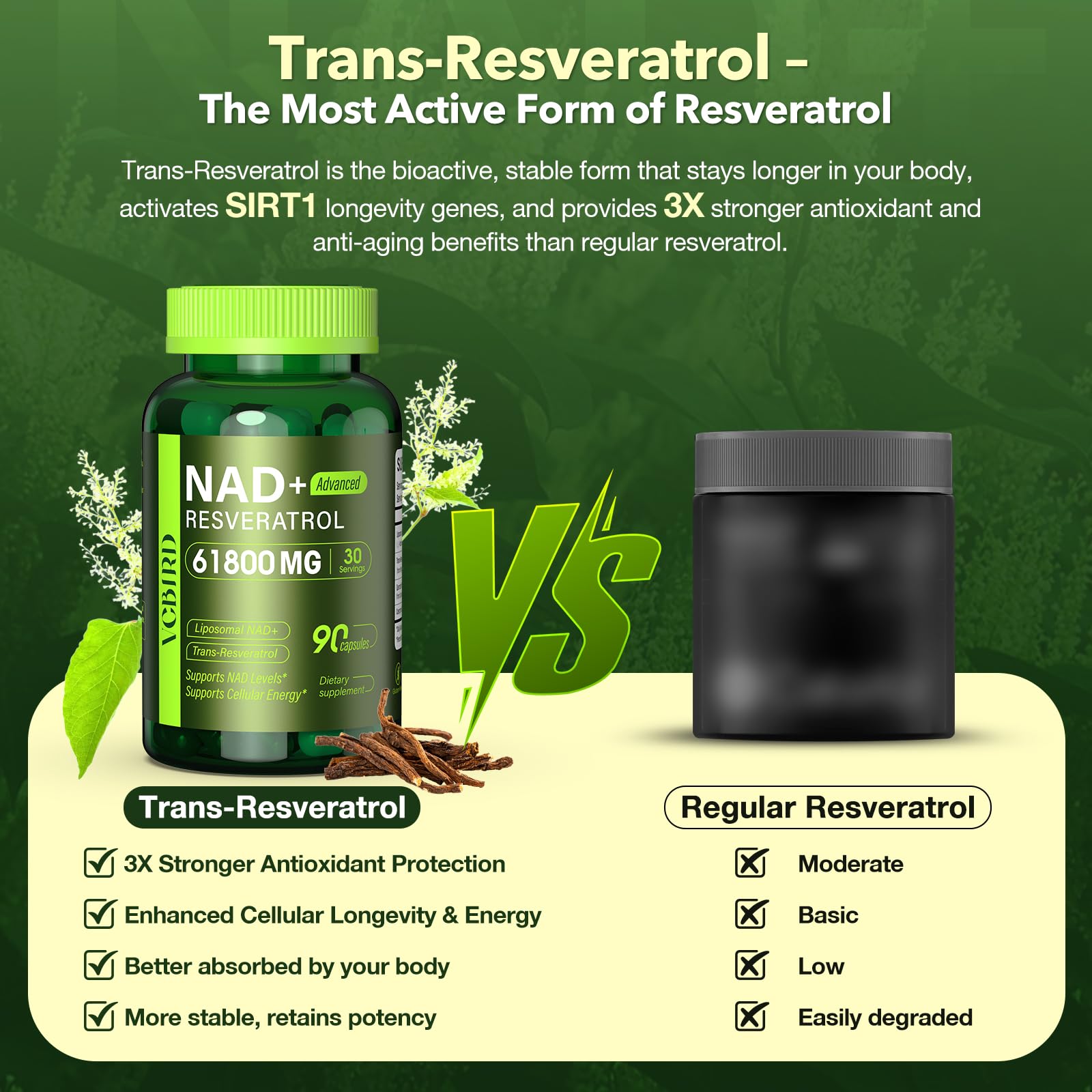 Nad Resveratrol Supplement 61800mg Per Bottle – Liposomal Nad+ Resveratrol for Women & Men – High Purity 1200mg Nad+ Supplement for Energy & Healthy Aging, Resveratrol, Quercetin, CoQ10 – 90 Counts VCBIRD uk supplements