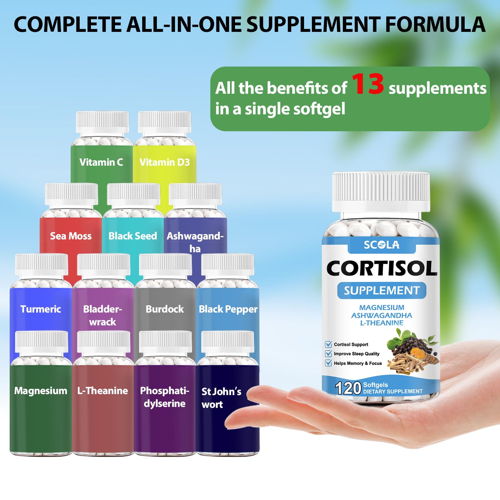 SCOLA Cortisol Supplement for Women and Men with Magnesium, Ashwagandha/L-Theanine, Cortisol Detox Manager, Cortisol Reducer Supports Relaxation & Calm, Mood, Sleep, 120 Count SCOLA uk supplements
