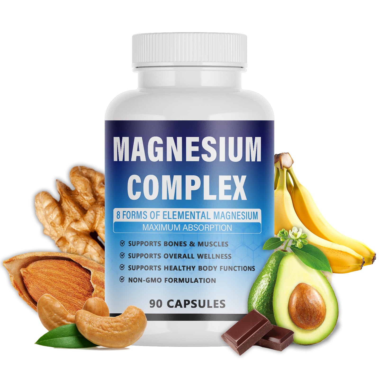Magnesium Complex Supplement - 8 Elemental Magnesium 1000mg - Glycinate, Citrate, Malate, Taurate Chelated | Easy Absorption, Energy Support | Vegan Non-GMO, 90 Capsules (1pc) KFUKFU uk supplements
