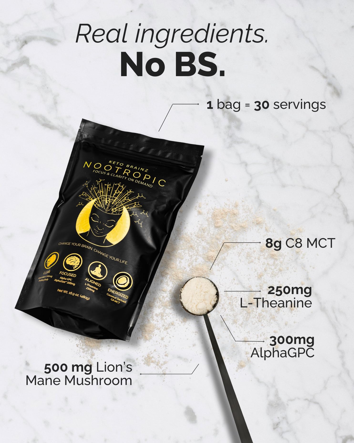 Keto Brainz C8MCT Based Nootropic - with 500mg Lion's Mane Mushroom, AlphaGPC & L-Theanine This is The Ultimate Easy to use nootropic Stack & Makes Delicious Mushroom Coffee! 16oz. 30 Servings Keto Brainz uk supplements