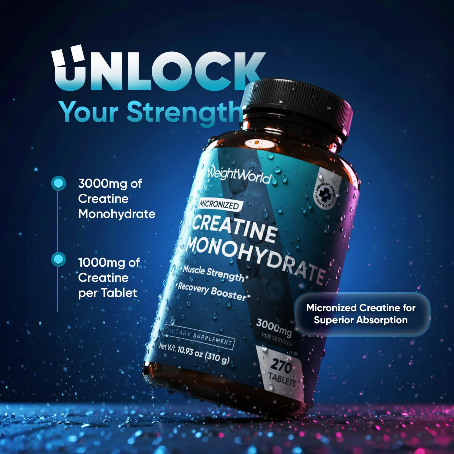 WeightWorld Micronized Creatine Monohydrate 3000mg Tablets - Muscle Growth, Strength, Energy & Recovery | Pre Workout Creatine for Women & Men | 1000mg per Tab WeightWorld uk supplements