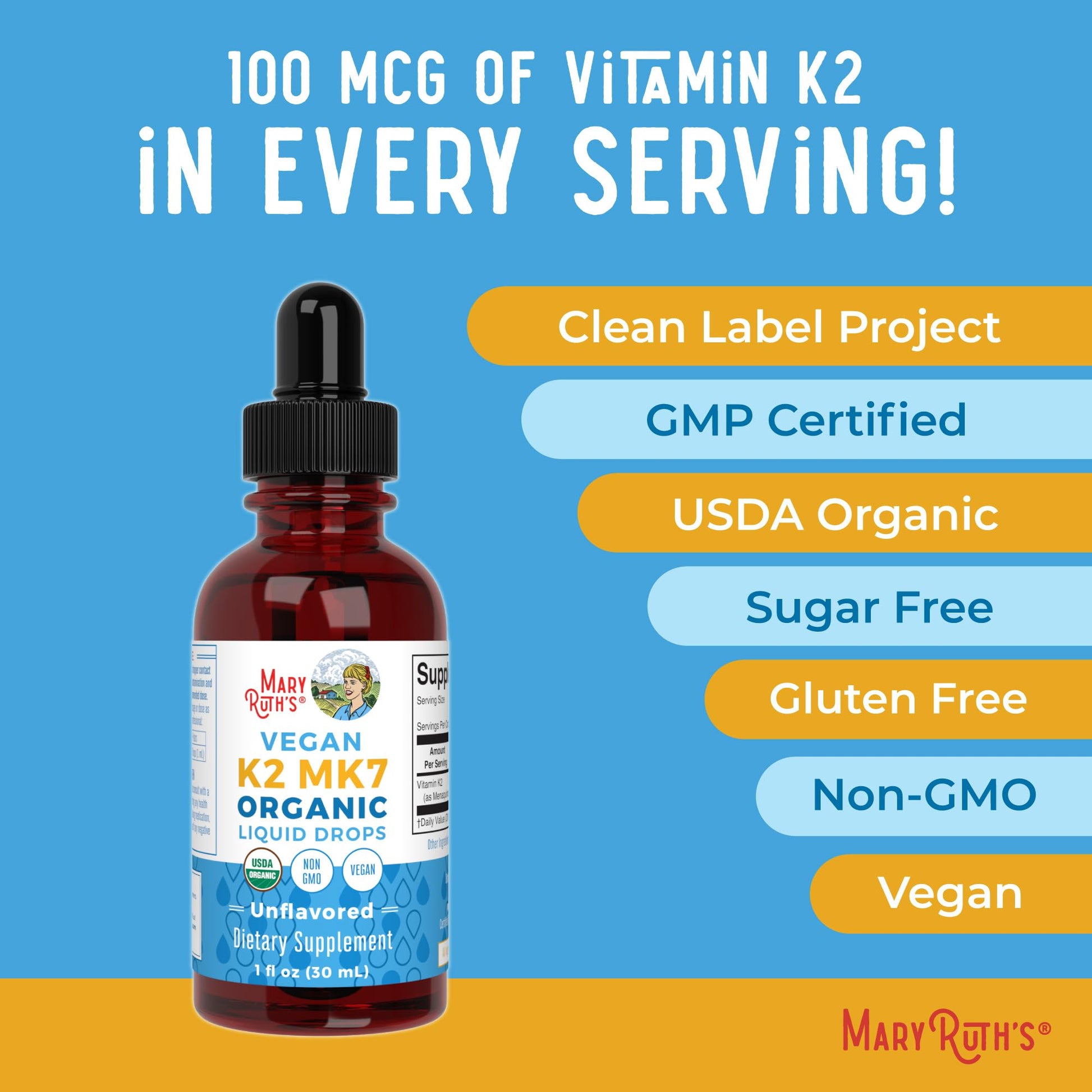 MaryRuth’s USDA Organic Vitamin K2 MK7 Liquid Drops for Adults & Kids | Sourced from Natto | Menaquinone- 7 | Vegan K2 Vitamin for Bone Health & Calcium Absorption | 1oz | Up to 90 Servings MARYRUTH'S uk supplements