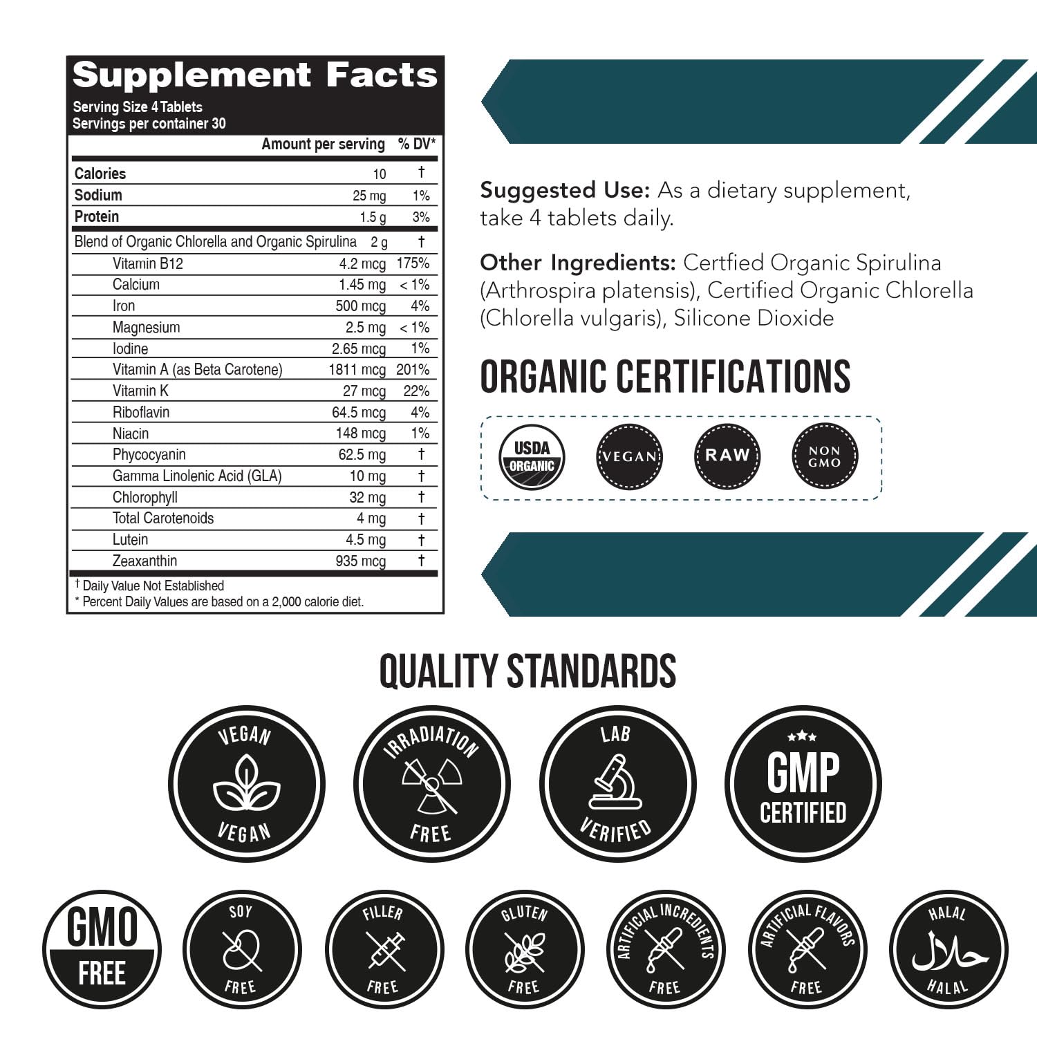 Organic Spirulina & Chlorella Tablets – 4 Organic Certifications, Raw, Non-Irradiated – 50/50 Blue Green Algae Blend – Antioxidant Content Equal to 5 Servings of Vegetables (120 Tablets) Triquetra Health uk supplements
