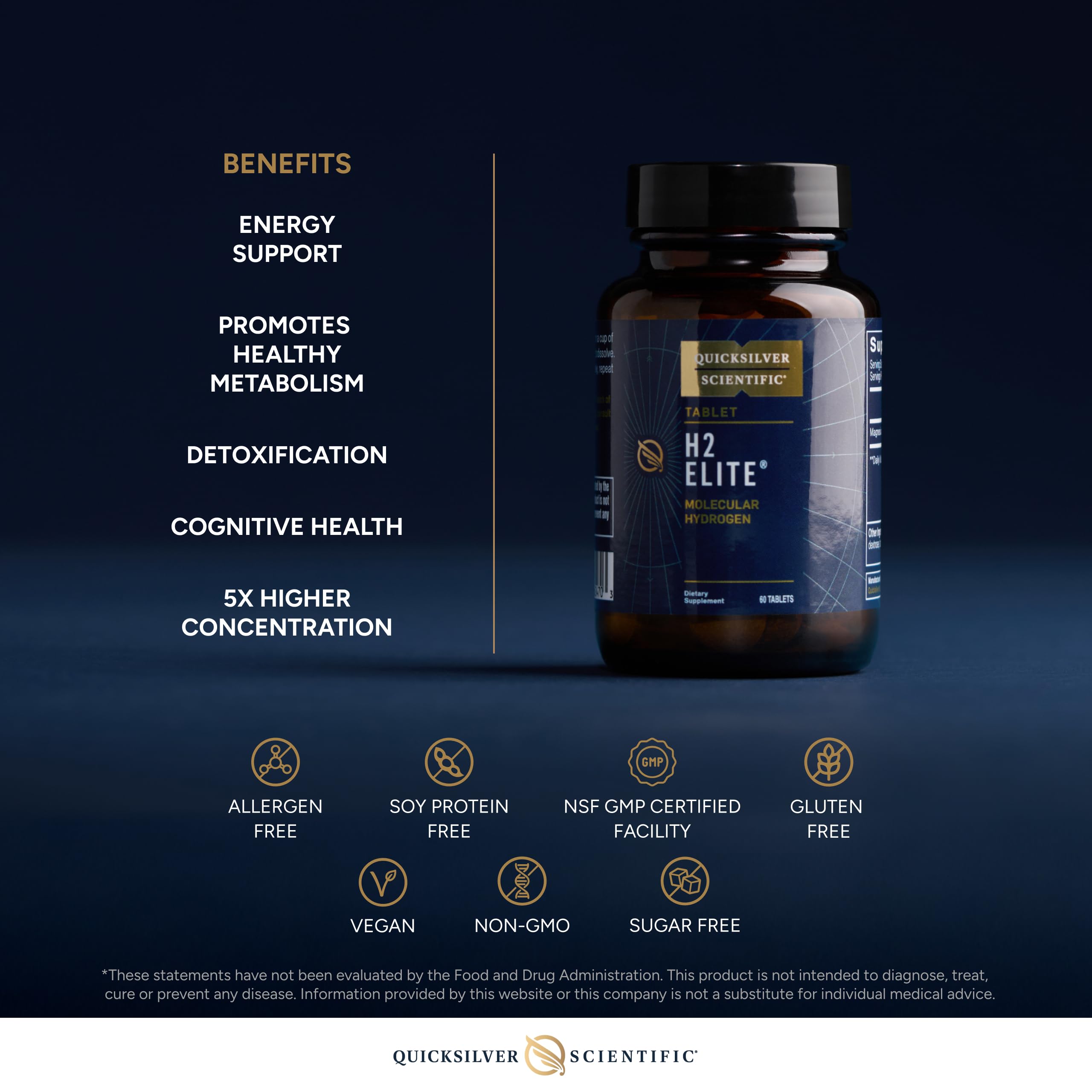 Quicksilver Scientific H2 Elite - Molecular Hydrogen for Energy + Metabolism Support, Water Tablets Perfect for Open Containers - Magnesium Malate Drink Additive (60 Molecular Hydrogen Tablets) Quicksilver Scientific uk supplements