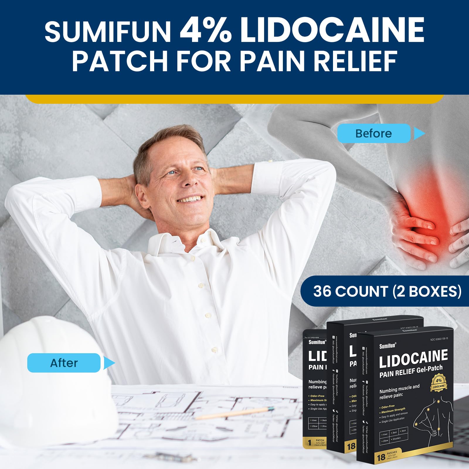 Sumifun 4% Lidocaine Pain Relief Patches - 36 Count Patches for Back, Shoulder, Muscle, Joints, Knee Pain Relief - Lower Back Pain Relief Products - Pain Patches Maximum Strength Lidocaine Sumifun uk supplements