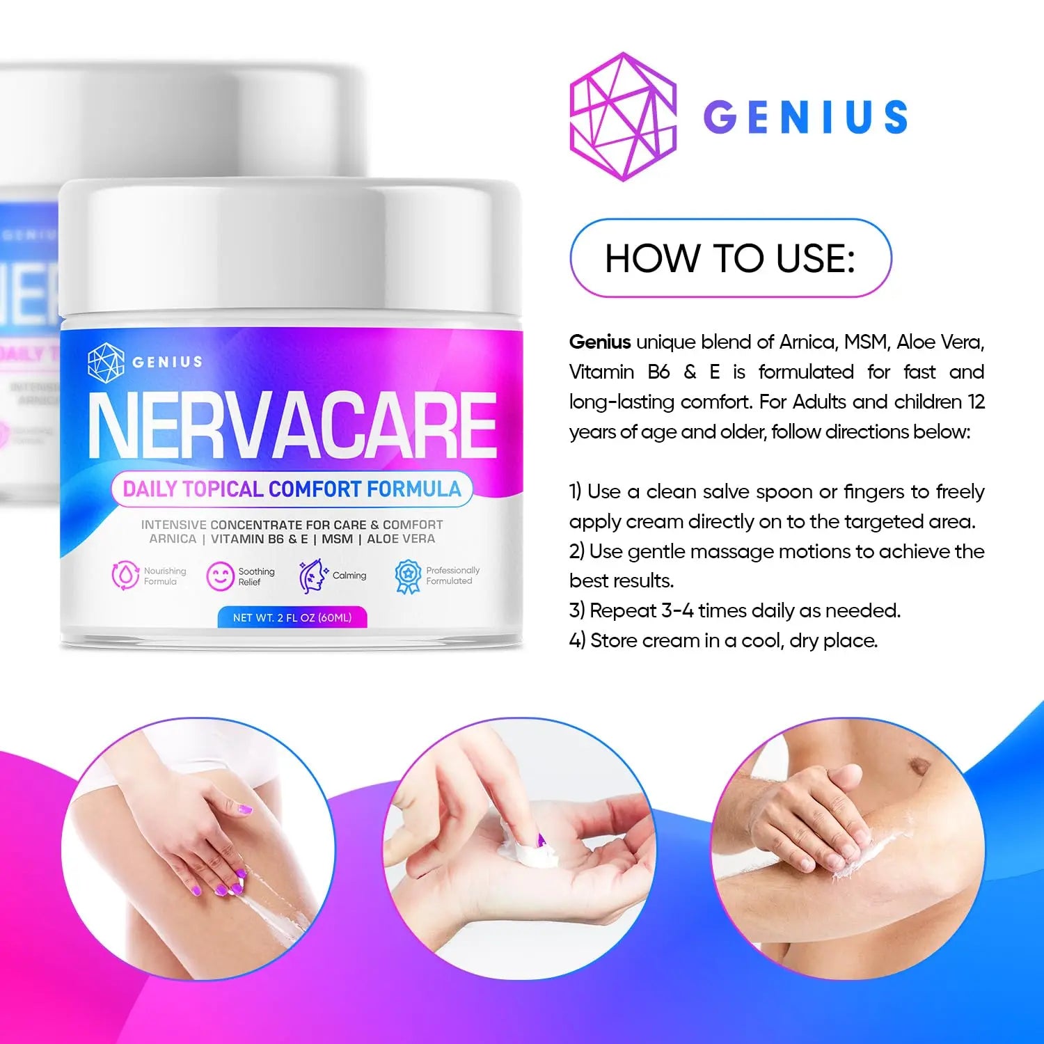 Genius Nervacare – Neuropathy Cream for Feet, Hands, Legs & Toes – Nerve Comfort Cream with Menthol, Arnica, MSM, Vitamin B6, Aloe Vera – Fast-Absorbing, Non-Greasy 2Oz GENIUS CURE uk supplements
