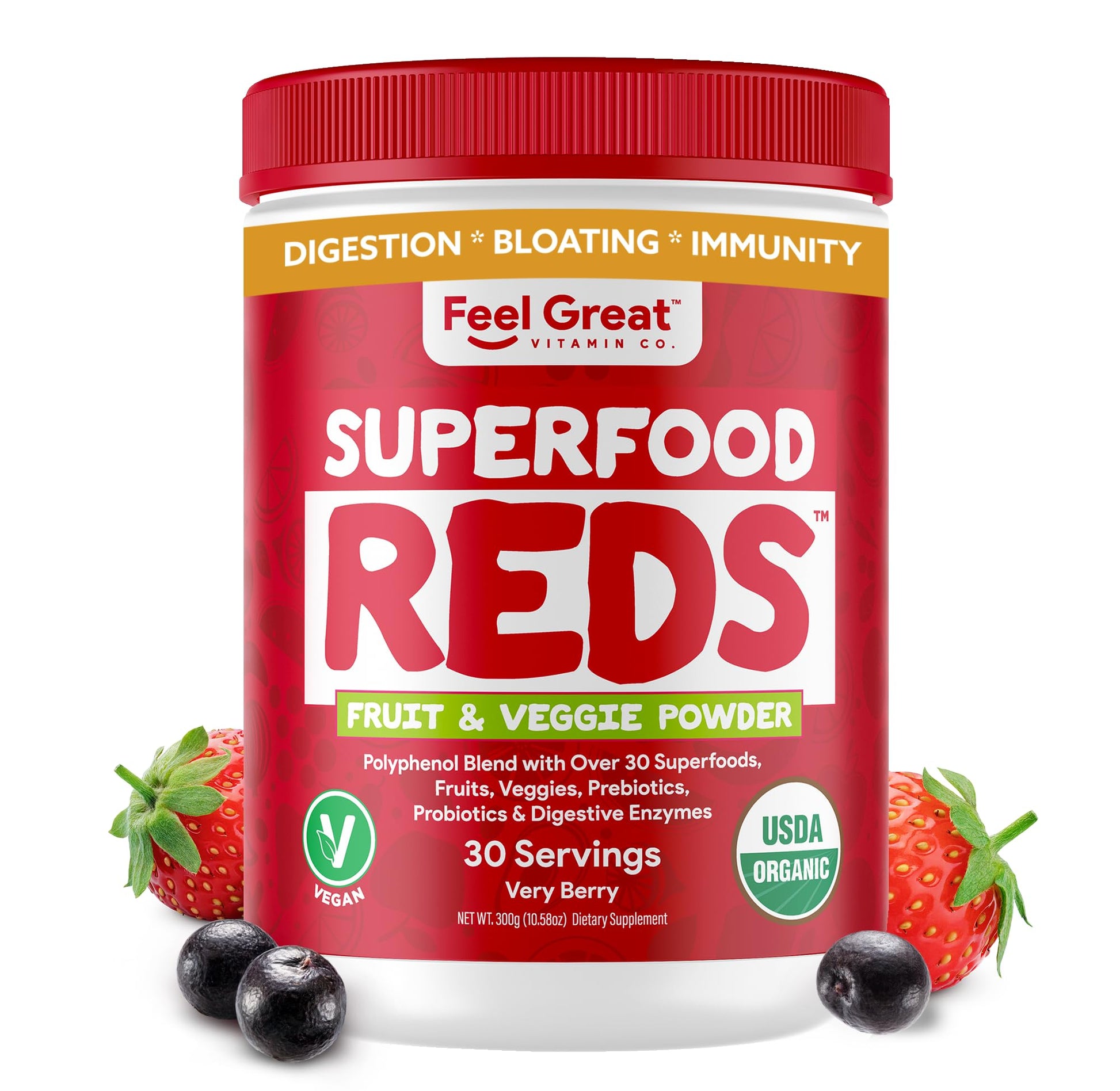 Feel Great Organic Superfood Reds Powder Packed with Beet Root Powder | Digestive Support Including Bloating Relief | Fruit and Veggie Polyphenols Supplement. The Feel Great Vitamin Company uk supplements