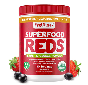 Feel Great Organic Superfood Reds Powder Packed with Beet Root Powder | Digestive Support Including Bloating Relief | Fruit and Veggie Polyphenols Supplement. The Feel Great Vitamin Company uk supplements