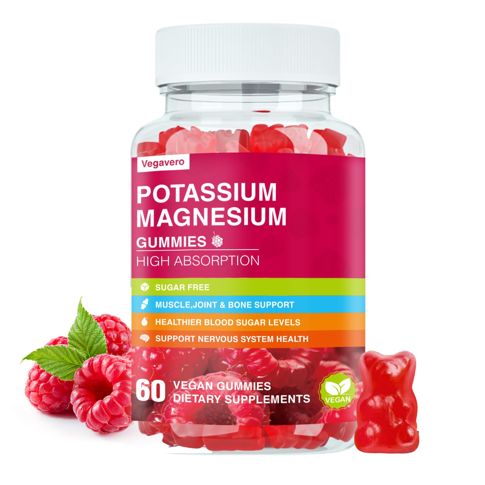 Potassium Magnesium Gummies - High Absorption Magnesium Glycinate & Potassium Citrate Plus Coenzyme Q10, DHA, D3, Mineral & Calcium for Zzz, Leg Cramps & Muscle - 60 Raspberry Gummies Vegavero uk supplements