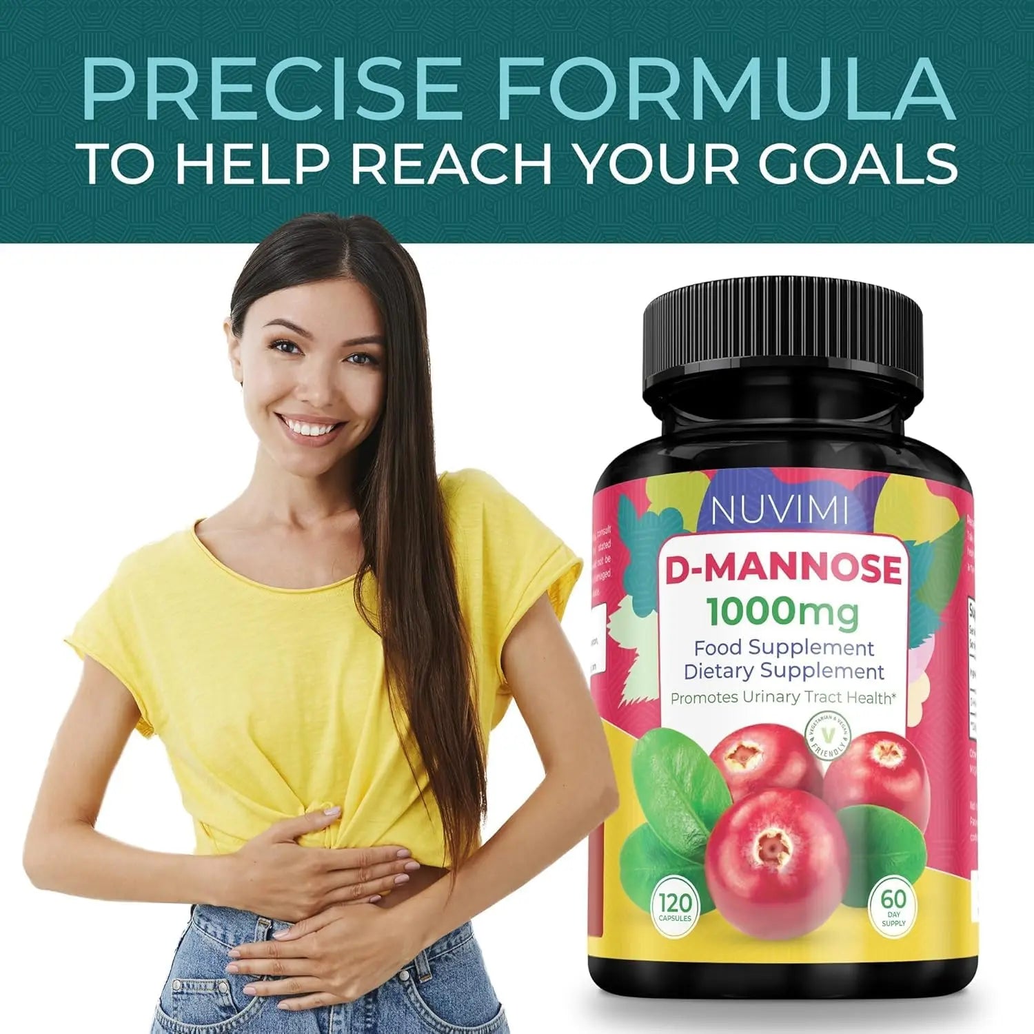 NUVIMI D Mannose 120 Capsules - 1000 mg per Dose - Dietary Supplement Helps Promote Urinary Tract Health - Natural Vegan UTI Defense NUVIMI uk supplements