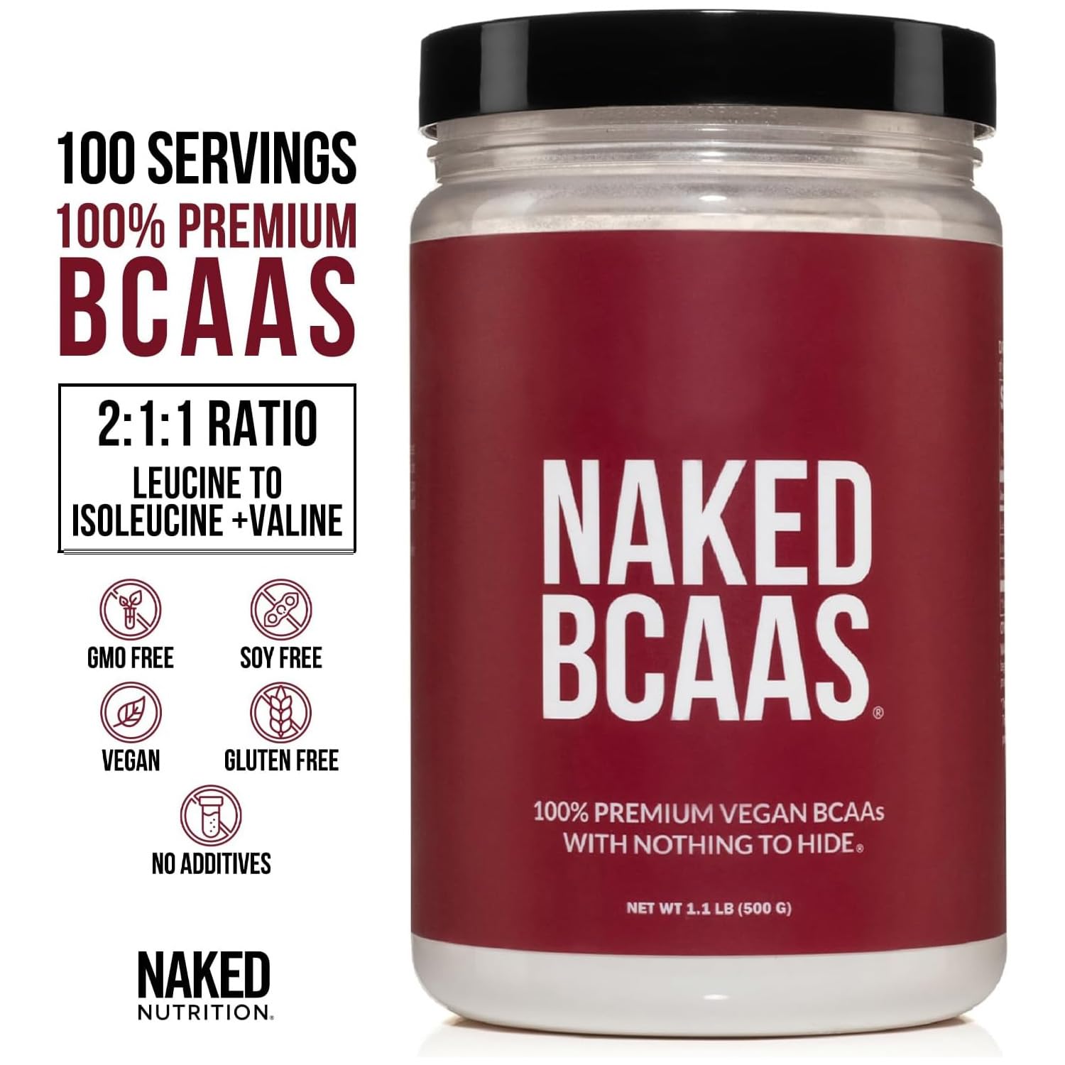 NAKED BCAAs Amino Acids Powder, Only 1 Ingredient, Pure 2:1:1 Formula, Vegan Unflavored Branched Chain Amino Acids, Instantized All Natural BCAA Supplement - 500 Grams, 100 Servings NAKED uk supplements