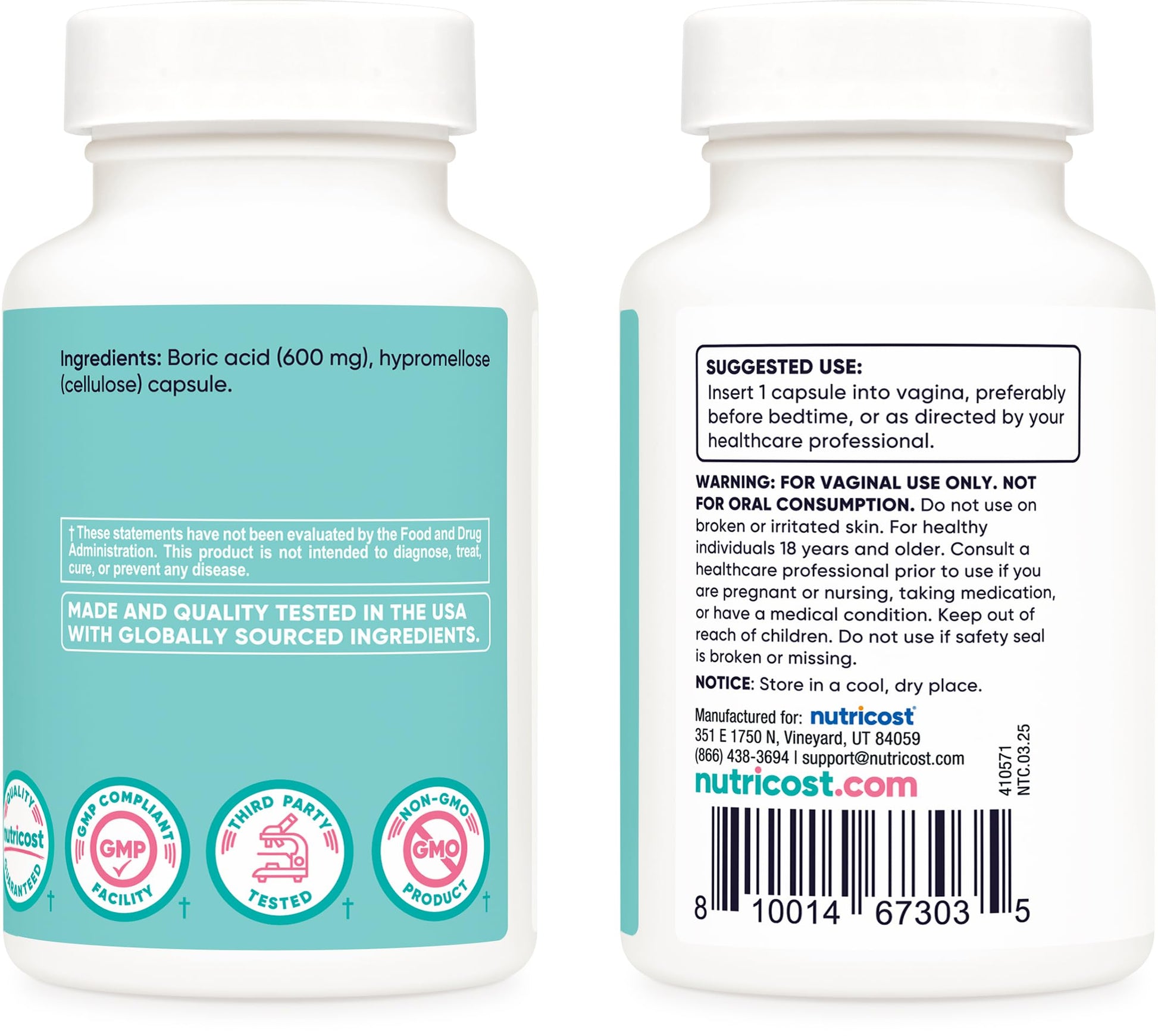 Nutricost Boric Acid 600mg, 30 Capsules - Vaginal Suppository - Non-GMO - for Women Nutricost uk supplements
