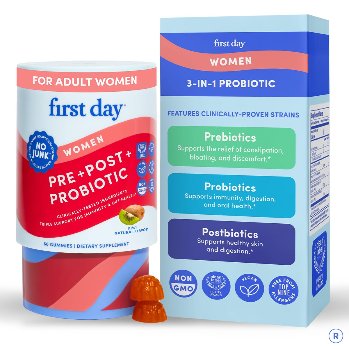 FIRST DAY Womens 3-in-1 Probiotic Gummies – Prebiotic + Probiotic + Postbiotic Supplement – Supports Digestive & Oral Health, Immune Function & Energy Levels – 30-Day Supply FIRST DAY uk supplements