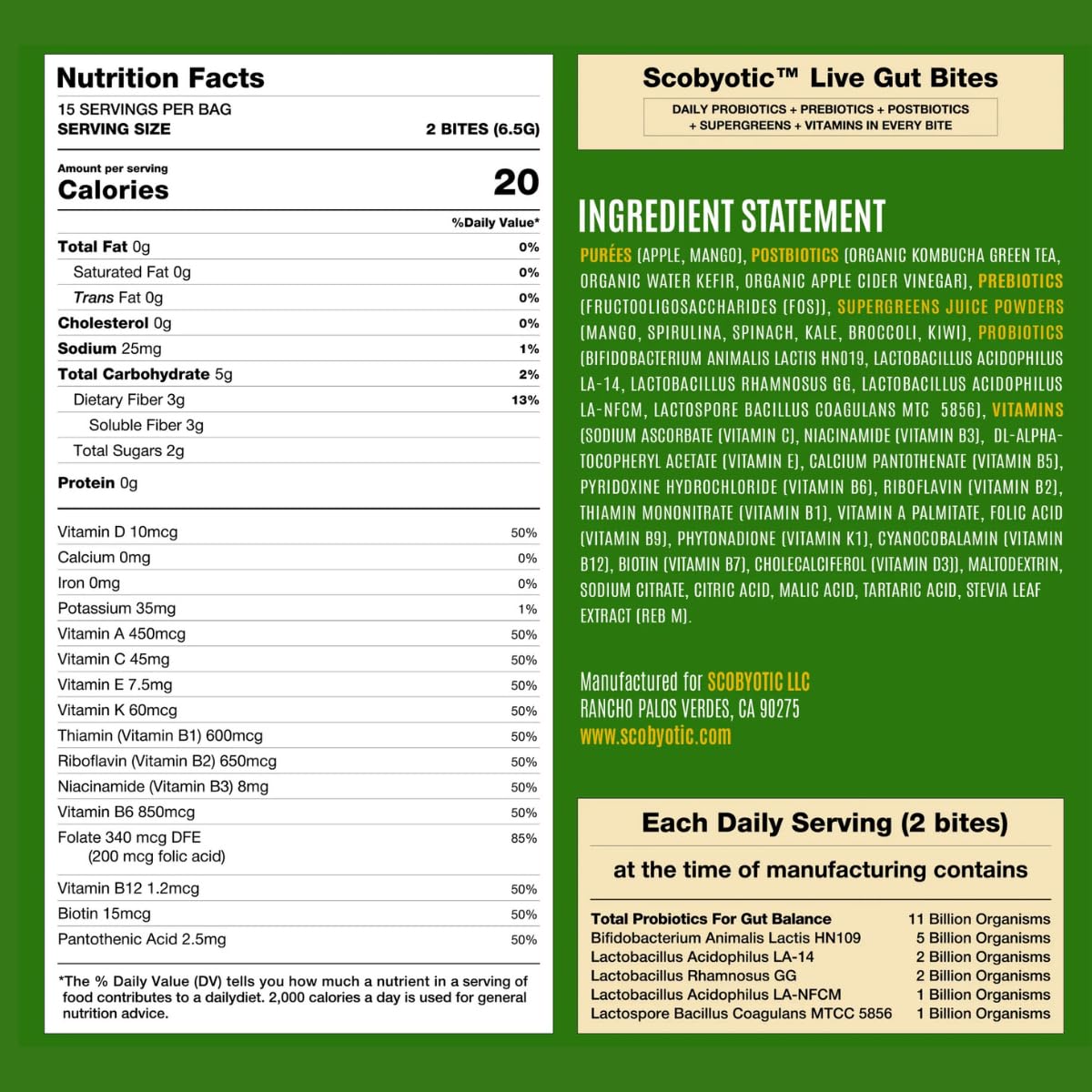 Scobyotic® Kombucha Supergreens Live Gut Bites – 10 Billion CFU Probiotics + Prebiotics & Postbiotics – Kombucha & Supergreens – Freeze-Dried Probiotic Supplement Scobyotic uk supplements