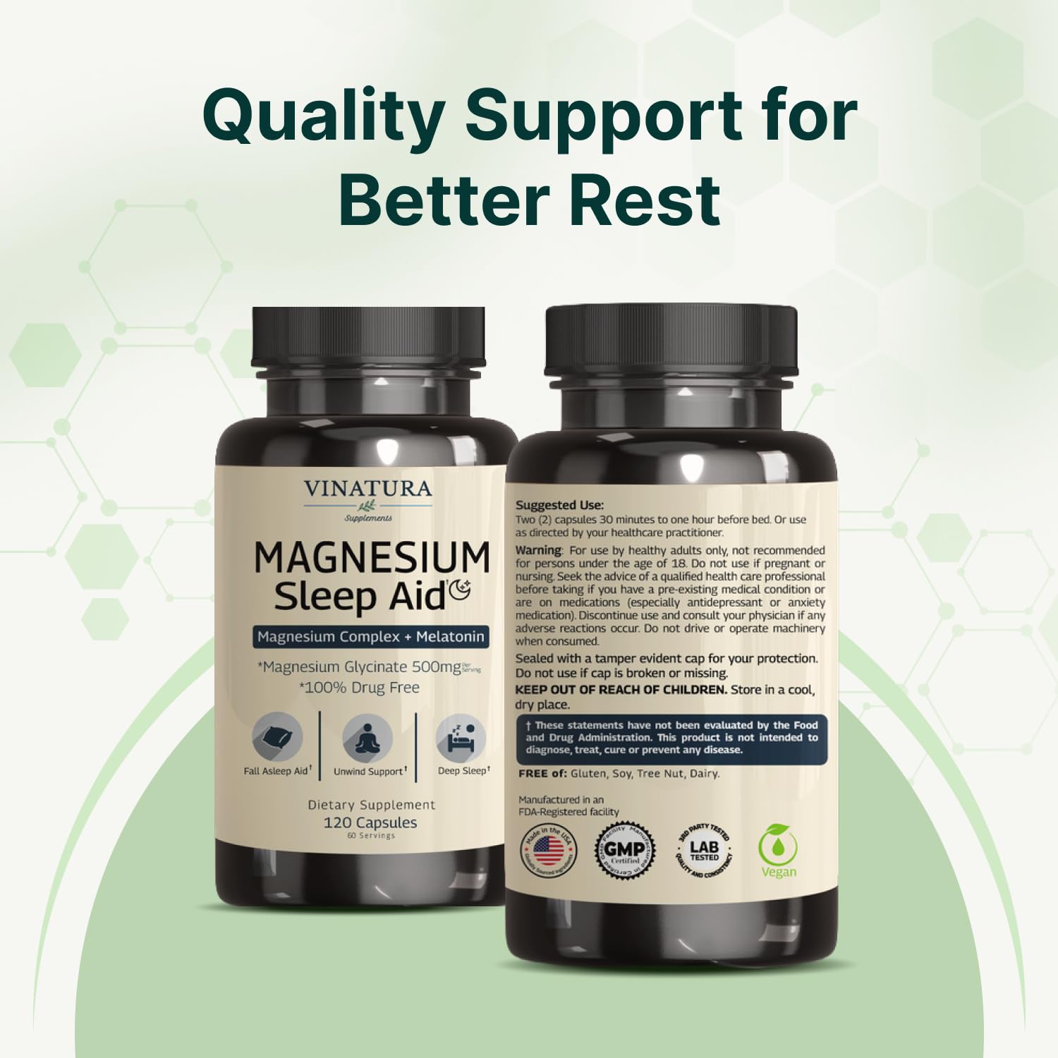 Magnesium Sleep Aid - Magnesium Glycinate Complex for Sleep with Melatonin Supplement - Glycinate 500mg, L-Theanine - 120 Capsules VINATURA uk supplements