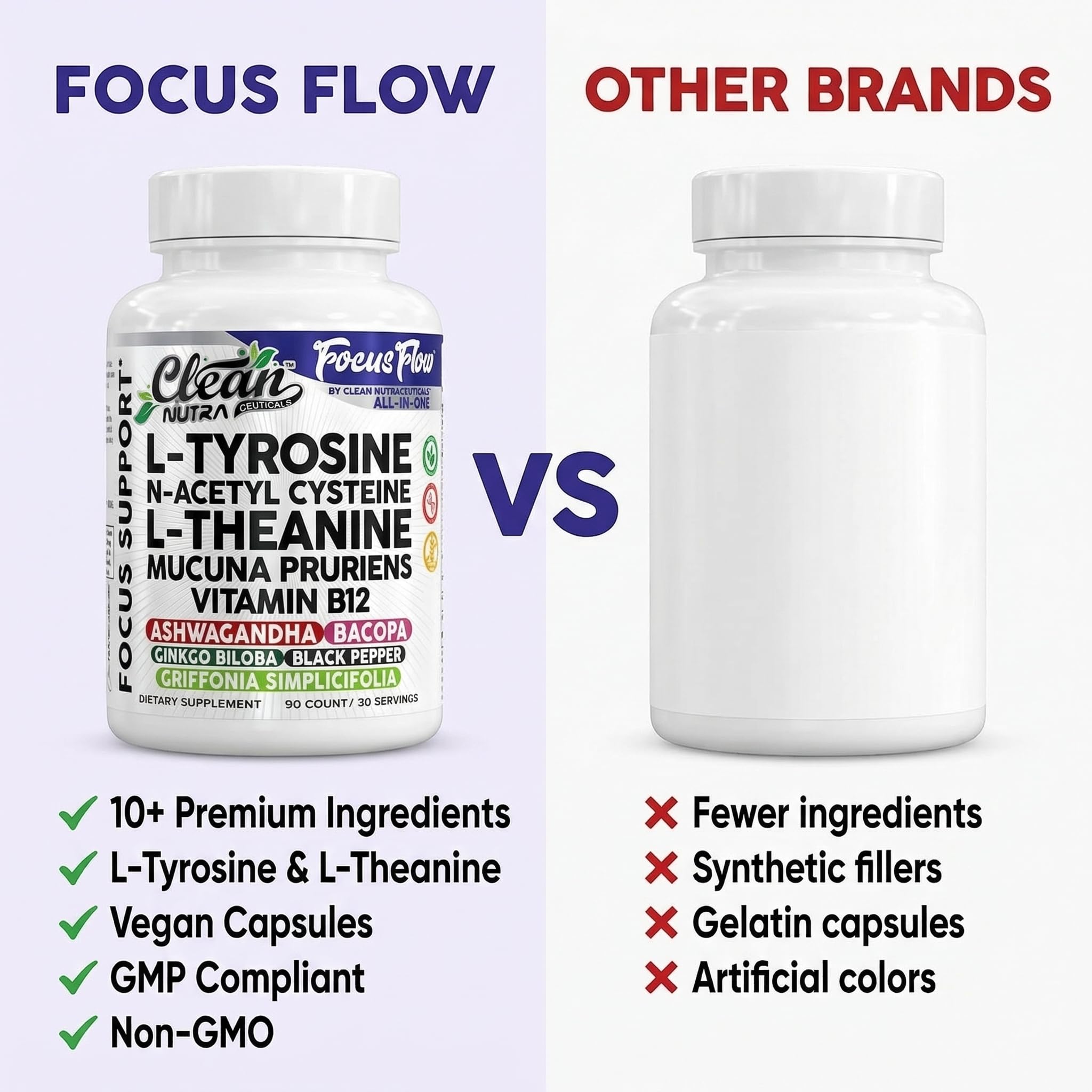 Focus Flow L-Tyrosine Vitamin B C D L-Theanine Ashwagandha Ginkgo Biloba Vitamin B12 Thiamine Black Pepper N-Acetylcysteine Mucuna Pruriens 90 Count Capsules by Clean Nutra Clean Nutraceuticals uk supplements