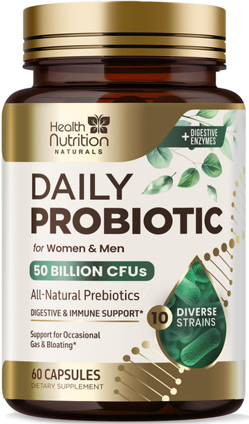 Probiotics 50 Billion CFU per Serving - 10 Strains + Prebiotics - Digestive Health, Gut & Immune Support - Occasional Constipation, Gas & Bloating Support for Women & Men, Bottled USA - 60 Capsules Health Nutrition Naturals uk supplements