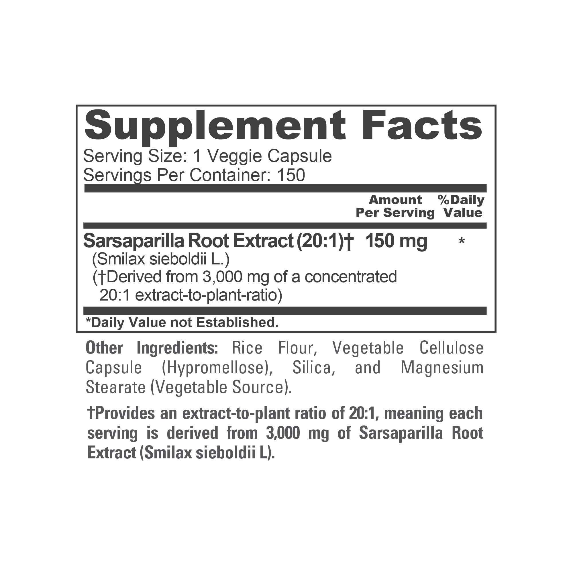 NusaPure Sarsaparilla Root 20:1 Extract - Suitable for Vegetarian/Vegan, Non - GMO - 3000 mg - 150 Capsules NusaPure uk supplements