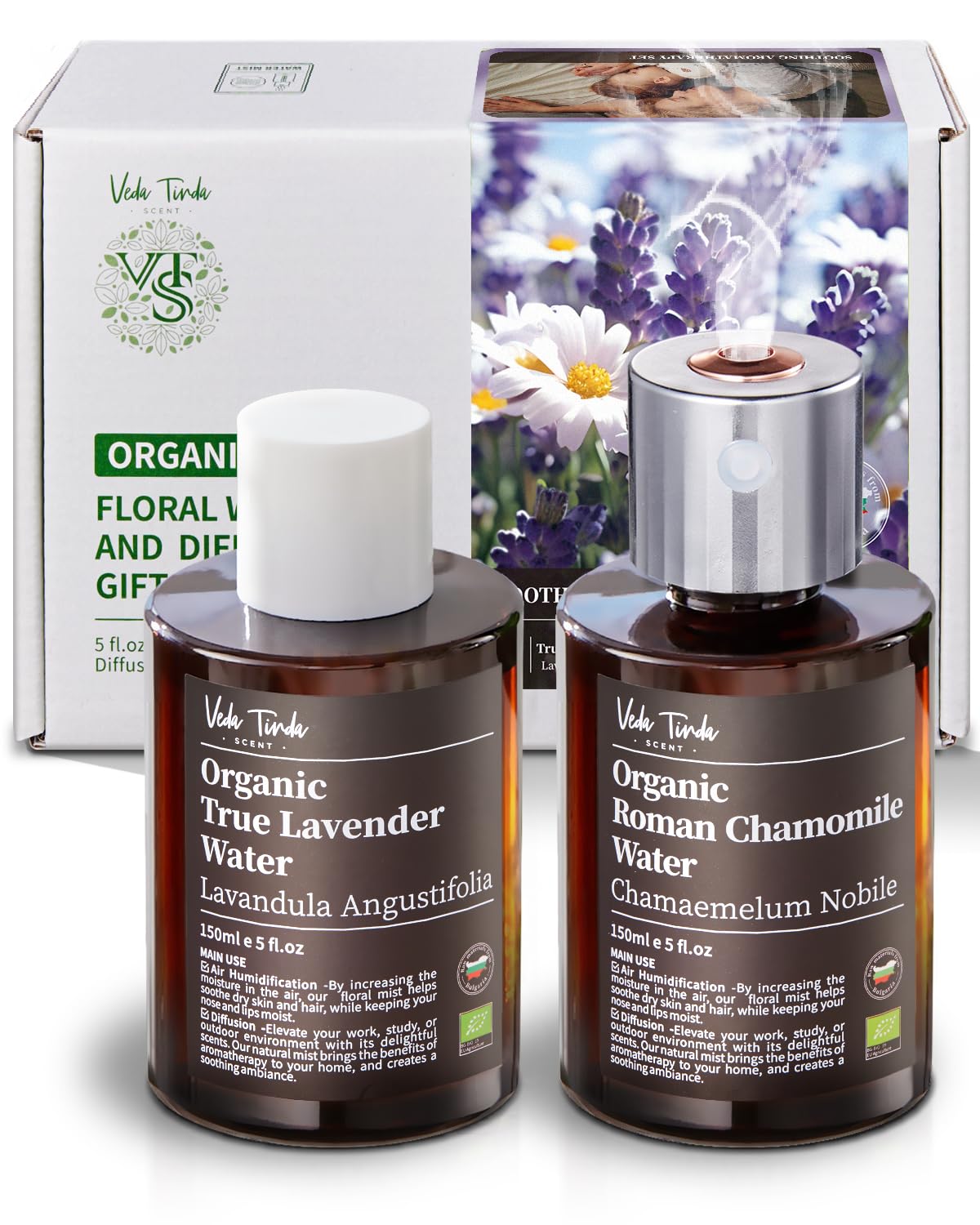 VTS Organic Lavender Water and Roman Chamomile Floral Water with Diffuser, Aromatherapy Air VEDA TINDA SCENT uk supplements