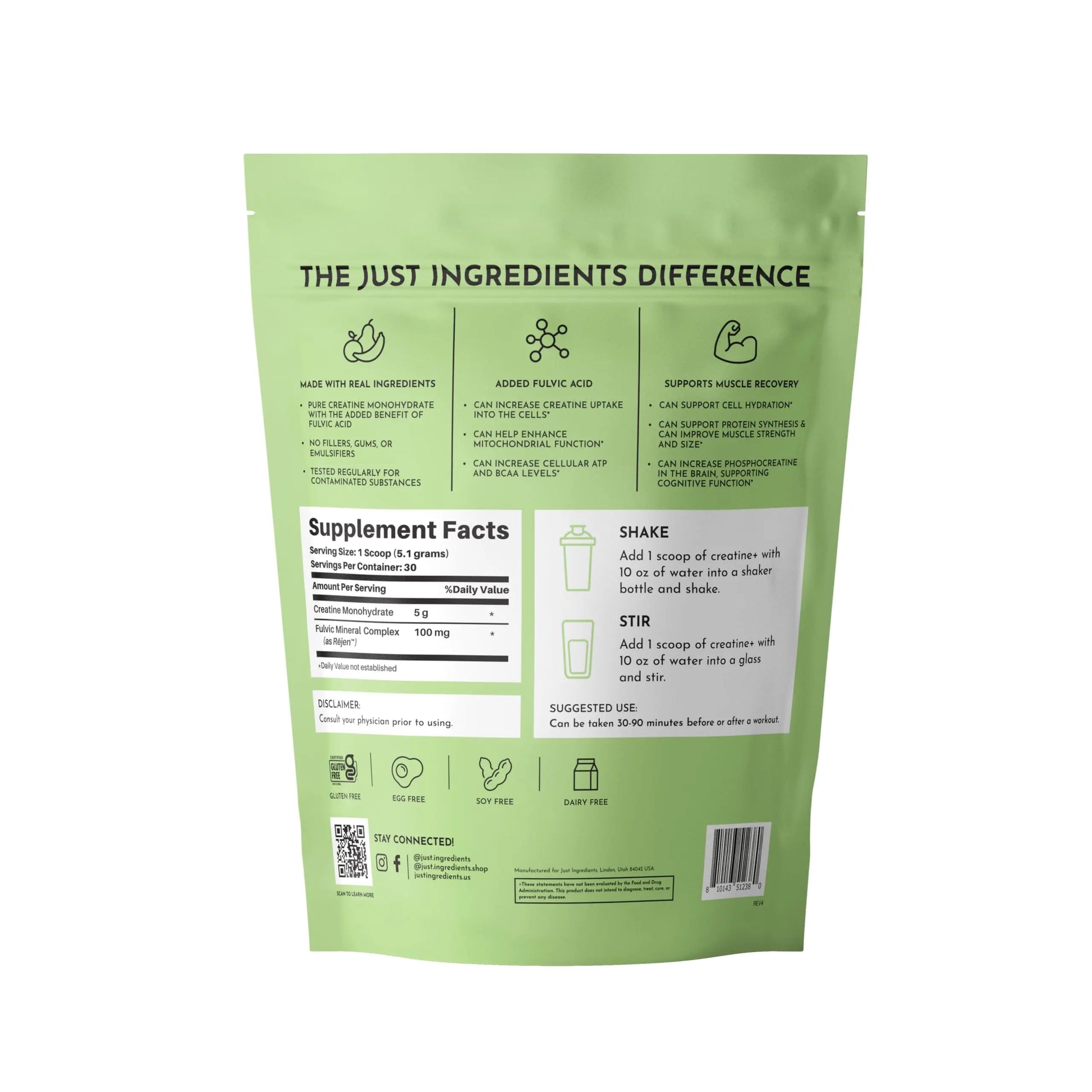 JUST INGREDIENTS Creatine Monohydrate Powder with Rejen Fulvic Mineral Complex - Supports Muscle Recovery, Energy, Strength, Cognitive Function - 30 Servings JUST INGREDIENTS uk supplements
