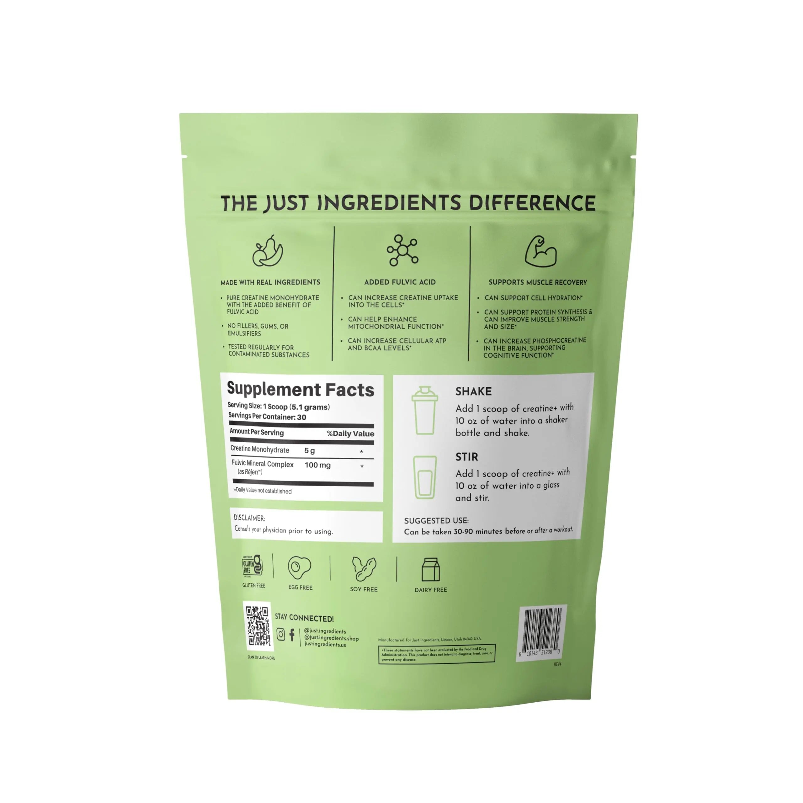 JUST INGREDIENTS Creatine Monohydrate Powder with Rejen Fulvic Mineral Complex - Supports Muscle Recovery, Energy, Strength, Cognitive Function - 30 Servings JUST INGREDIENTS uk supplements