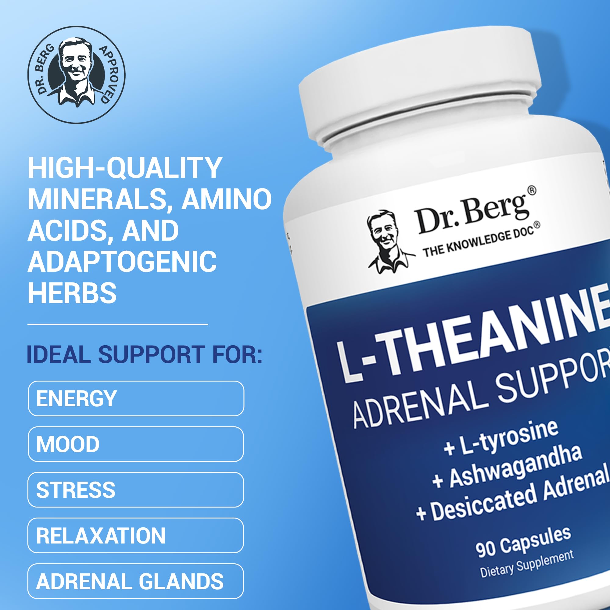 Dr. Berg L-Theanine 200mg - Includes Zinc, Copper, L-Tyrosine, & Ashwagandha – L-Theanine Supplement Adrenal Support - for Relaxation, Stress Relief, and Mental Clarity* – 90 Gelatin Capsules Dr. Berg Nutritionals uk supplements