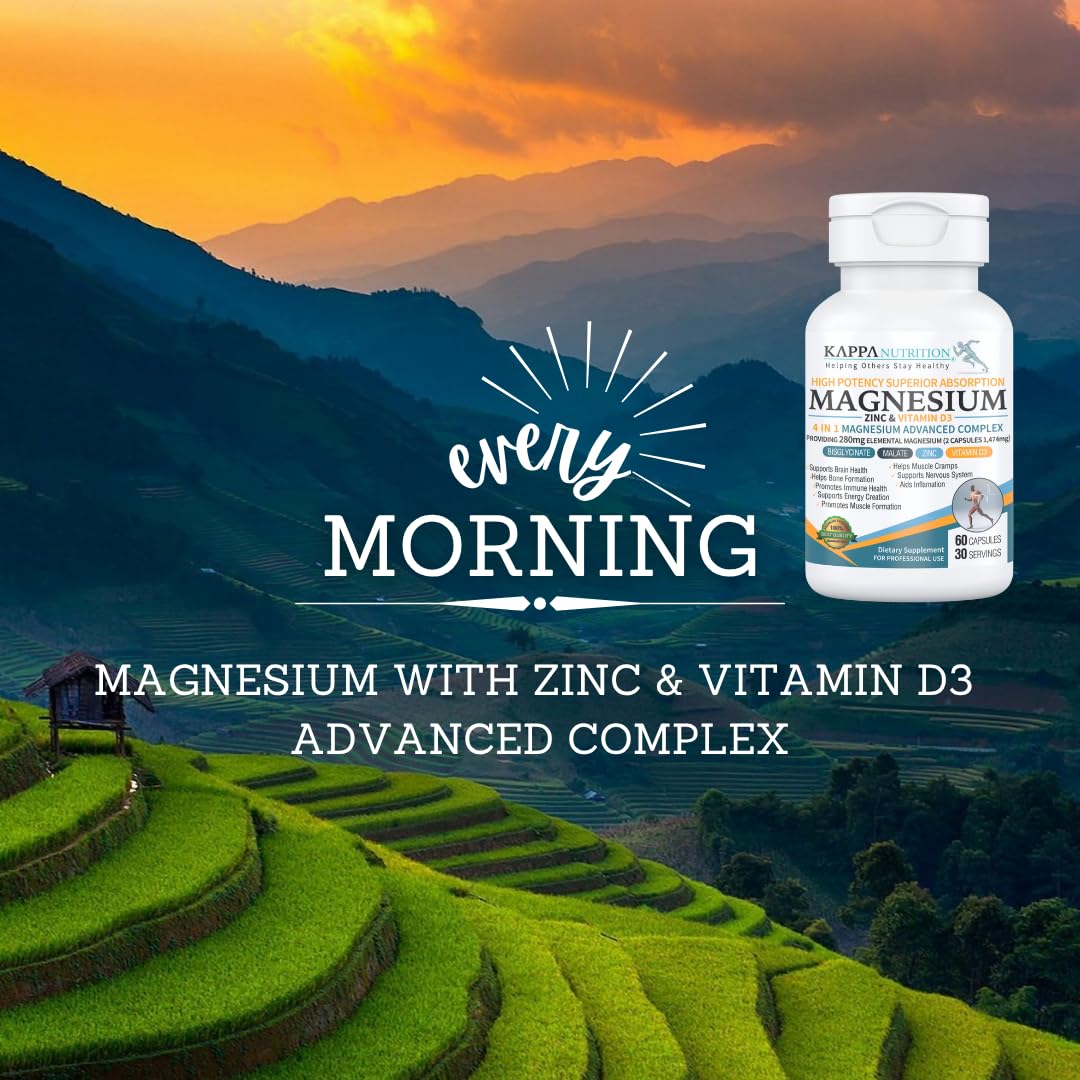 Kappa Nutrition Magnesium 4-in-1, 280mg Elemental Magnesium (Bisglycinate, Malate) + Zinc & Vitamin D3, Brain, Sleep, Energy, Muscle, Immune Support, 60 Vegan Capsules. KAPPA NUTRITION uk supplements