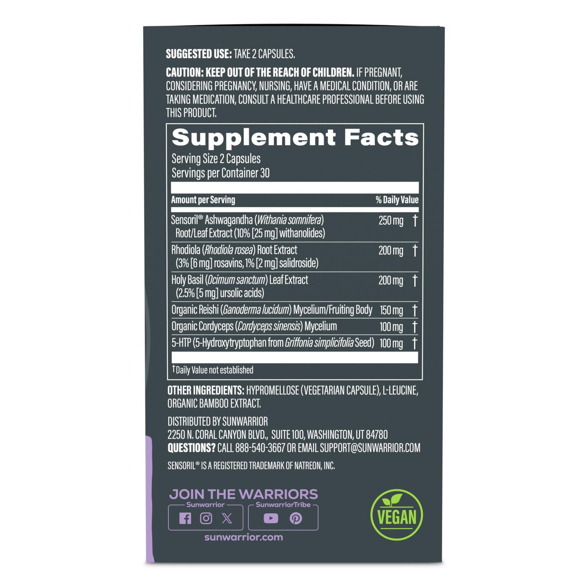 Ashwagandha, Rhodiola, Reishi & 5-HTP for Stress-Free Focus Active Focus & Balance Capsules Caffeine-Free Nootropic for Calm Energy & Mental Clarity, Mood & Immune Support 60 Vegan Capsules Sunwarrior uk supplements