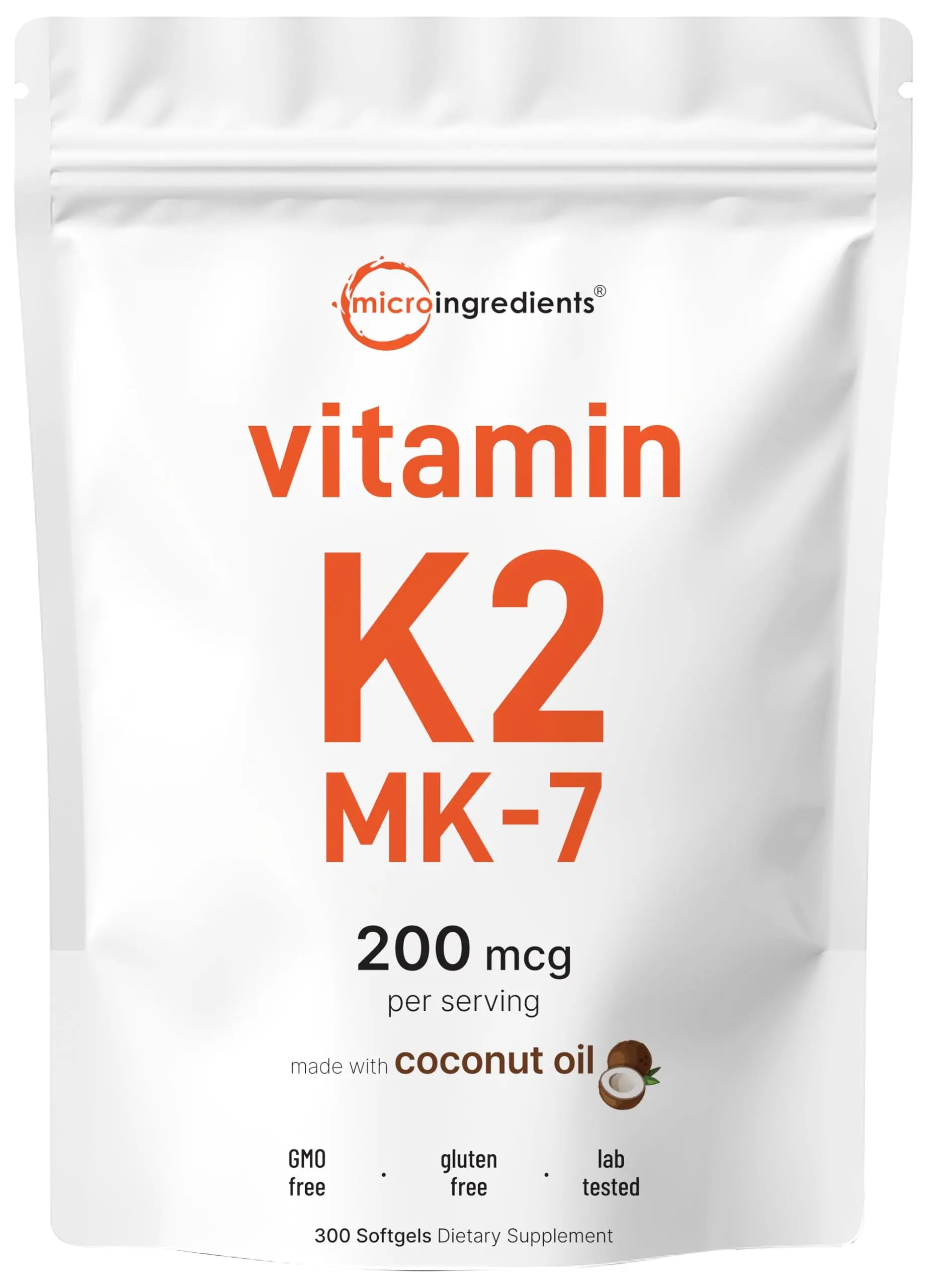 Micro Ingredients Vitamin K2 MK-7 Supplement, 200 mcg Per Serving, 300 Coconut Oil Softgles | Easily Absorbed, Active Menaquinone Form | Micro Ingredients uk supplements