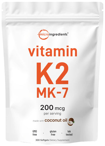 Micro Ingredients Vitamin K2 MK-7 Supplement, 200 mcg Per Serving, 300 Coconut Oil Softgles | Easily Absorbed, Active Menaquinone Form | Micro Ingredients uk supplements