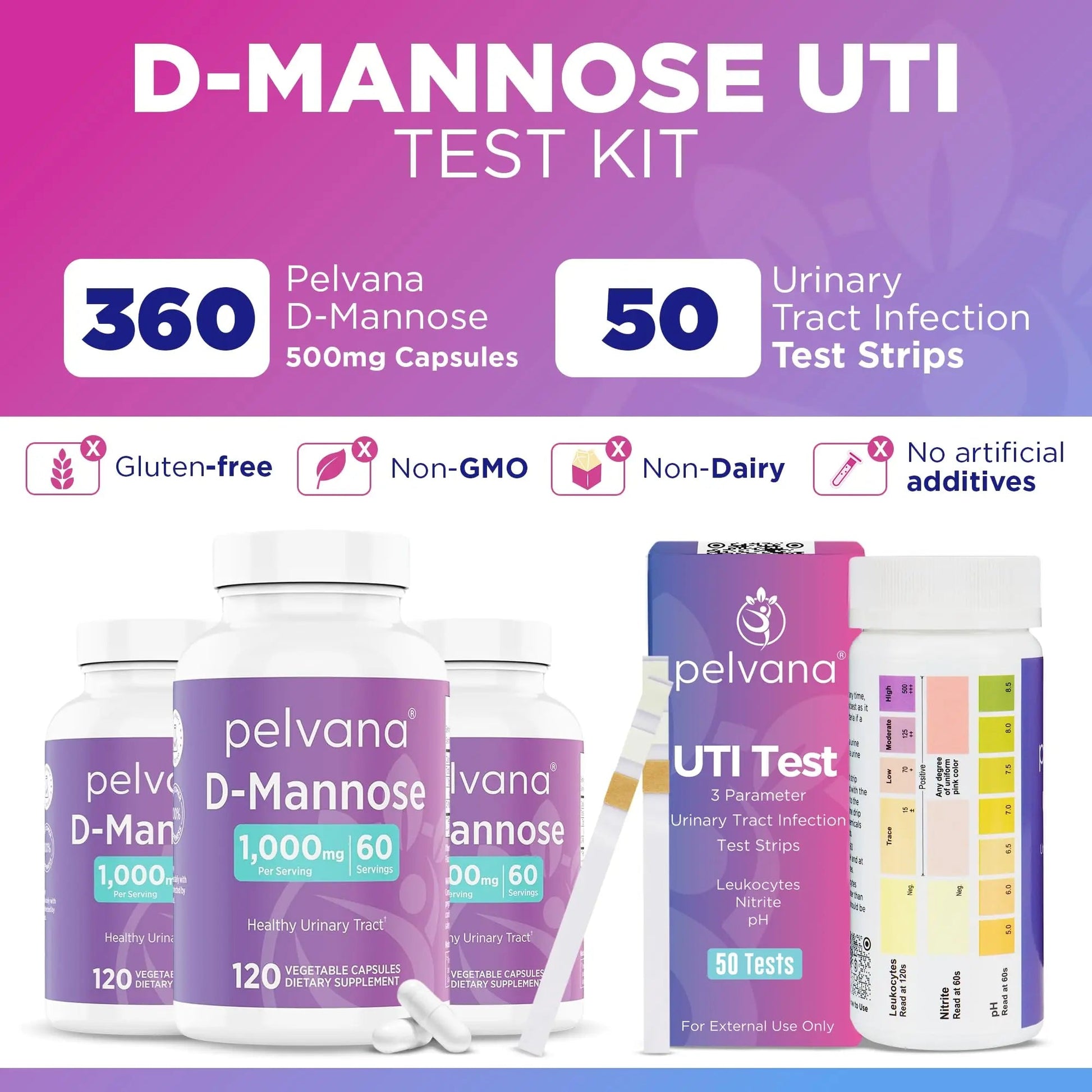 Pelvana D-Mannose UTI Kit for Women – UTI Test Strips & D-Mannose Supplement, At-Home Testing, Maintains Healthy Urinary Tract Balance, Flushes Impurities – 3 Bottles (120 Capsules) + 50 Test Strips Pelvana uk supplements