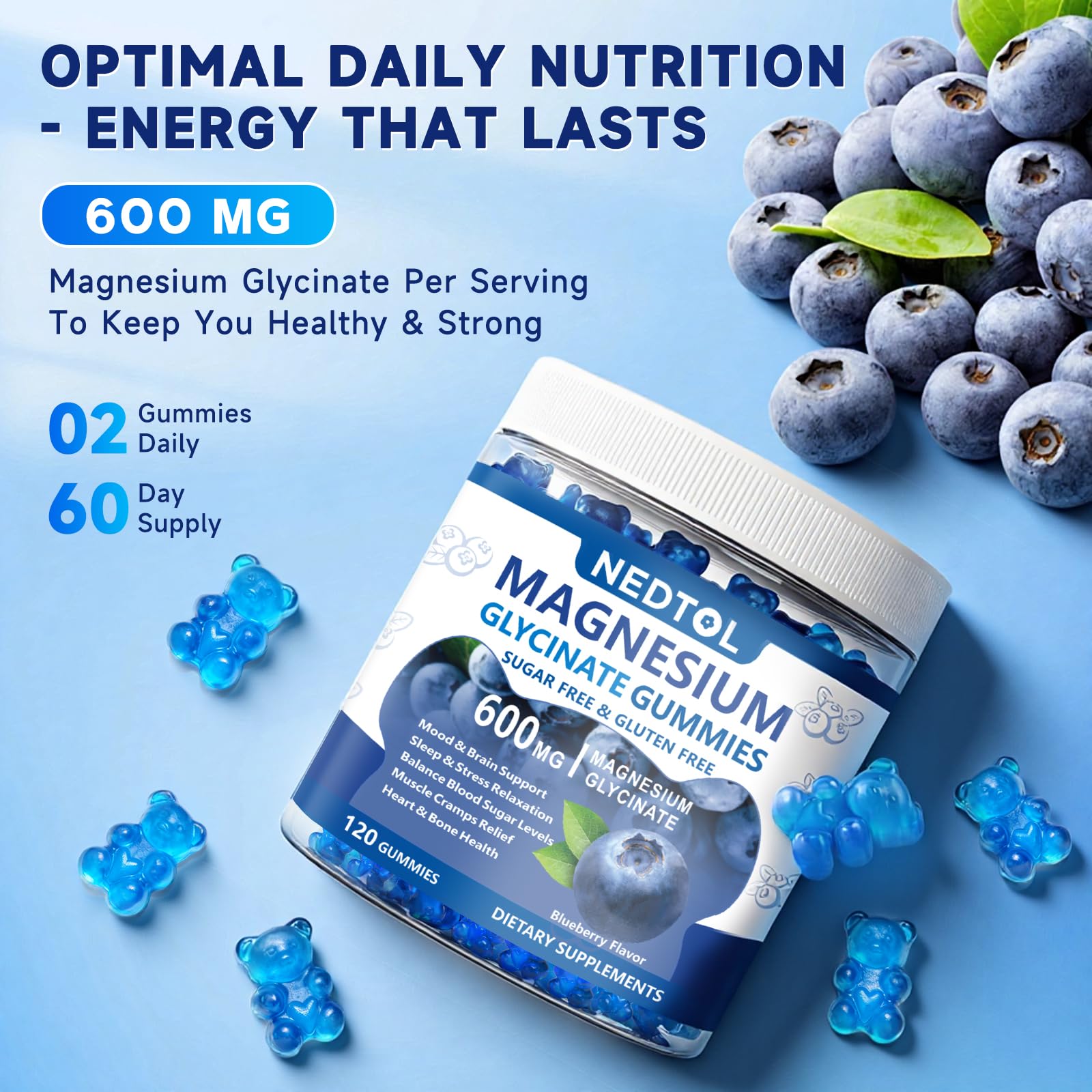 Nedtol Magnesium Glycinate Gummies 600mg, Sugar Free Magnesium Potassium Supplement for Adults with Magnesium L-Threonate, Vitamin D, B6,and CoQ10 for Sleep, Body Support and Relaxation,120 Count Nedtol uk supplements