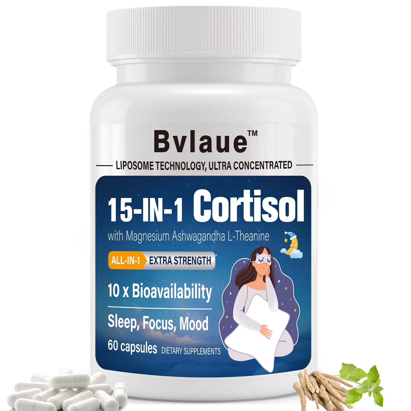 Bvlaue Cortisol Supplements for Women & Men - 15-in-1 Cortisol Reducer Manager Lower w/Ashwagandha,Magnesium,L-Theanine/Saffron Vitamin B6 & B12,60 Vegan CT for Stress Relief Sleep,Mood,Non-GMO Bvlaue uk supplements