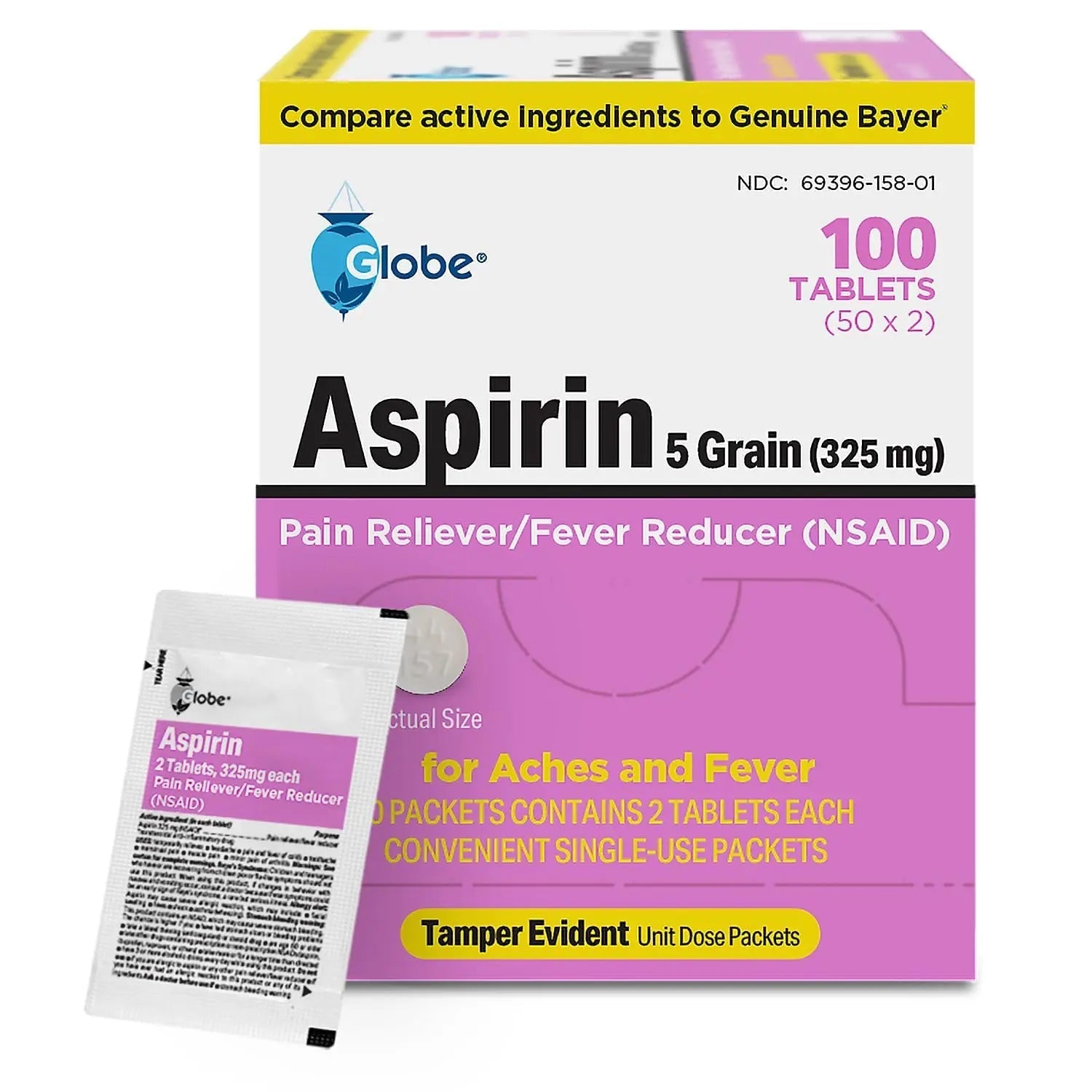 Globe Aspirin Tablets, 325 mg - 100 Count, Single Use Packets, NSAID Pain Relief, Pain Reliever & Fever Reducer, Arthritis Pain Relief, Headache Relief, Migraine Medicine Aspirin Pain Reliever. Globe uk supplements
