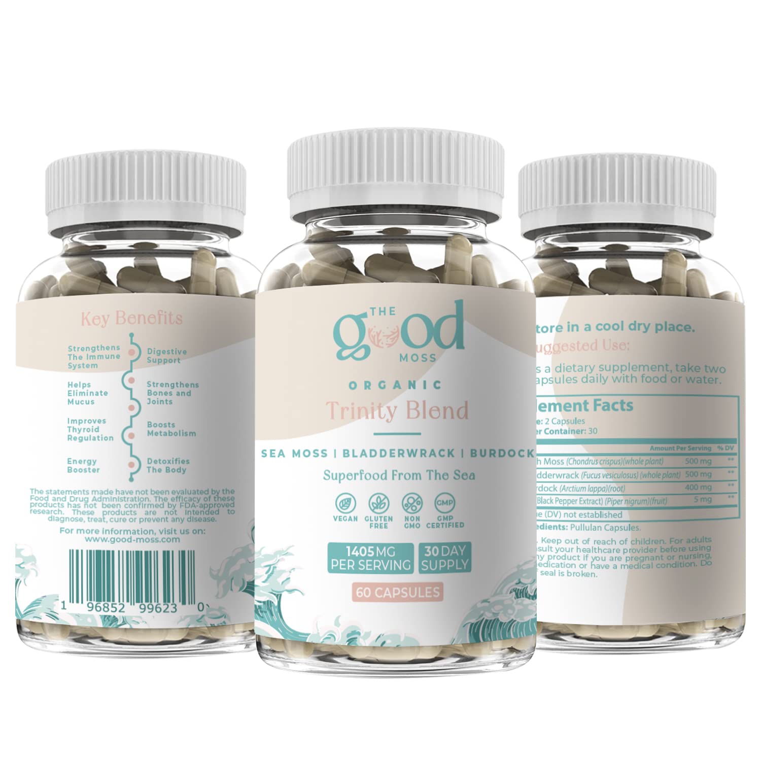 Trinity Blend Superfood -Sea Moss, Bladderwrack and Burdock Root Supplement for Overall Health Support, Hair, Skin and Nails 60ct The Good Moss uk supplements
