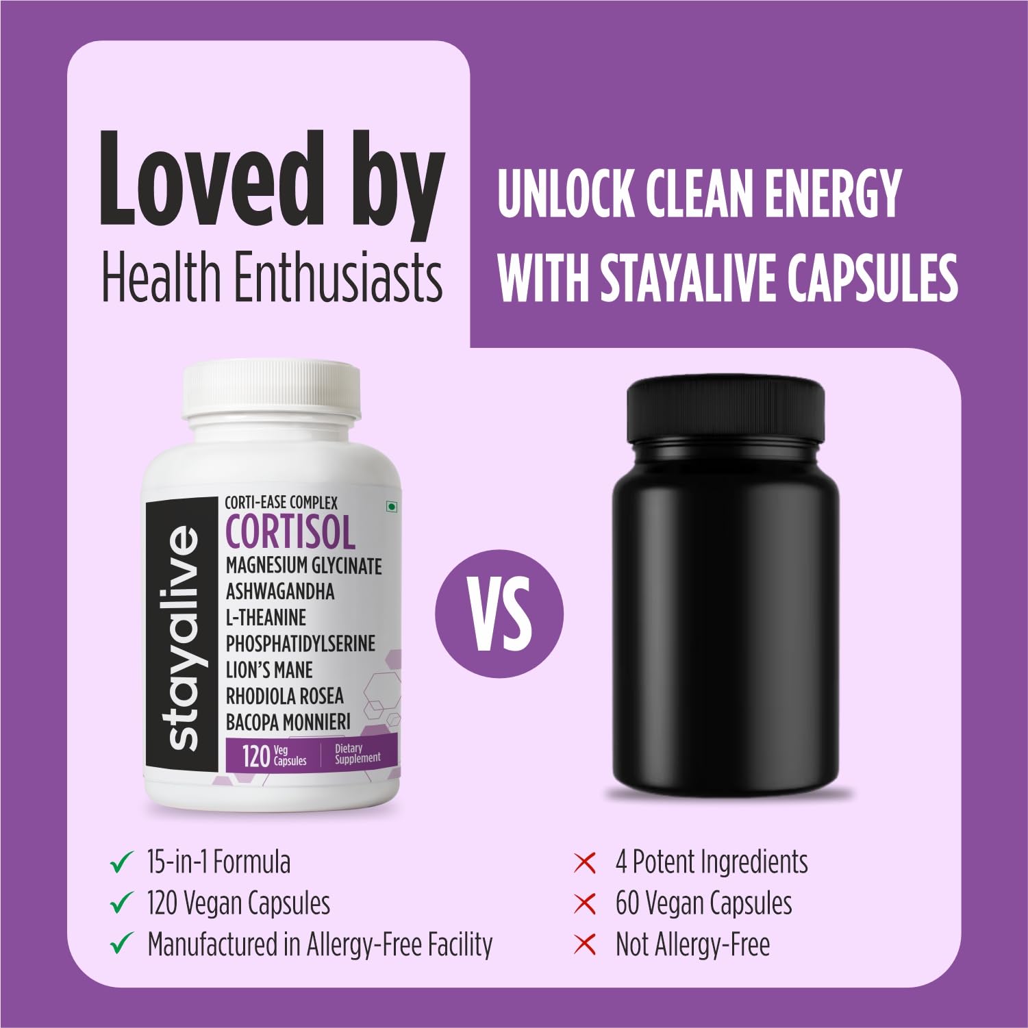 STAY ALIVE Cortisol Manager Supplement 15-in-1 Complex w/L-Theanine, Ashwagandha, Magnesium Glycinate, Phosphatidylserine and More, 120 Veg Capsules, Non-GMO & Gluten-Free Formula for Women and Men STAY ALIVE uk supplements